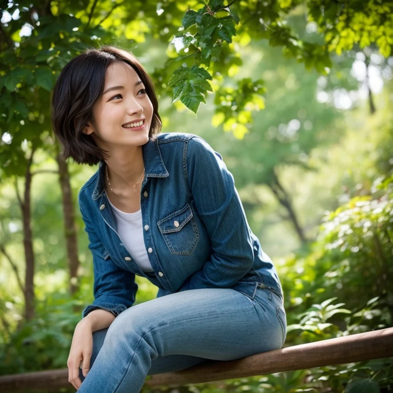 A beautiful Japanese woman in her thirties with short hair, wearing a dark blue long-sleeved cotton shirt and jeans pants, is sitting on a bench with no backrest in the sunlight filtering through the leaves of a fresh green forest, looking up at the sky and smiling slightly. Focal length 100mmf/2.8, spring morning, sunny, forest road in a natural park, well-shaped face, profile, toned body, close-up of facial expressions, sense of presence, 8K image quality, highest quality.