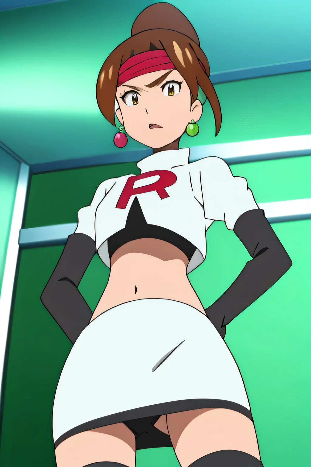 jessie rasberry, headband ,earrings, lipstick, eye shadow, solo, perfect breasts, earrings glossy lips ,8k, masterpiece,highres,team rocket uniform, red letter r, white skirt,white crop top,black thigh-high boots, black elbow gloves, glaring angrily, looking down at viewer, hands on hips, cowboy shot, zettai ryouiki,from below, black panties,anime style, vivid colors, sharp focus, intense lighting,