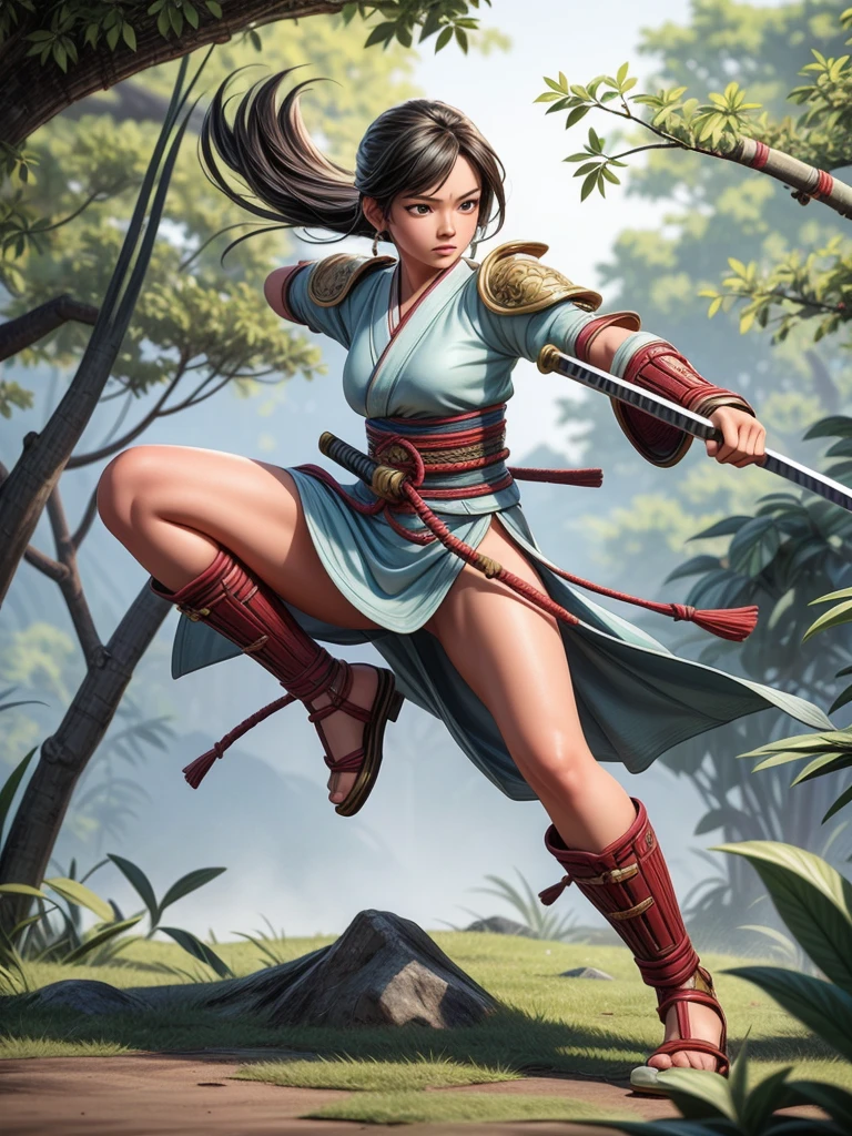 high quality, detailed depiction of samurai, fierce battle in a bamboo forest, intense action poses, dynamic sword fighting, martial arts skills showcased, authentic samurai armor and weaponry, samurai engaged in a life-or-death struggle, intense concentration and focus, dramatic lighting and shadows, cinematic composition, traditional Japanese art style, vibrant colors, atmospheric mist surrounding the battlefield, sense of danger and tension, leaves and bamboo leaves rustling in the wind, powerful strikes and parries, adrenaline-filled combat, fast-paced movements, skilled and agile swordsmanship, mastery of katana techniques, strong presence and charisma of the samurai, determination and resolve in their eyes, honorable and disciplined demeanor, wind blowing through the bamboo forest, sense of movement and motion, immersive and visually stunning scene, intricate and detailed background, highly realistic and vivid portrayal, dramatic poses and gestures, epic and awe-inspiring confrontation, capturing the spirit of bushido (the way of the samurai).