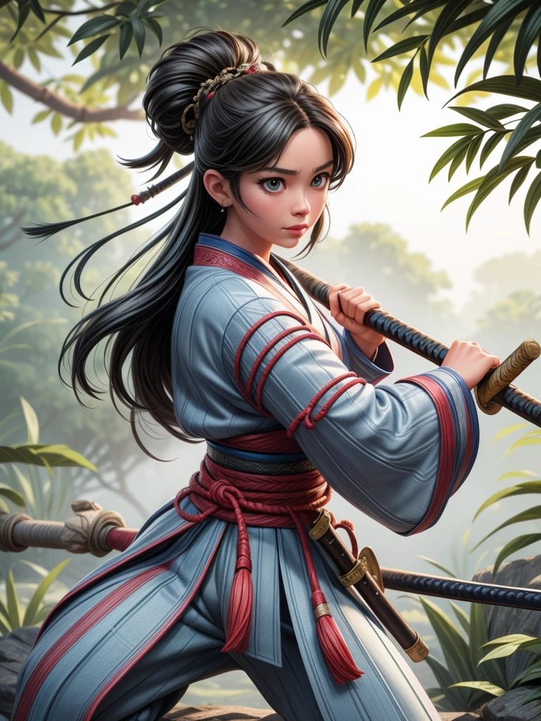 high quality, detailed depiction of samurai, fierce battle in a bamboo forest, intense action poses, dynamic sword fighting, martial arts skills showcased, authentic samurai armor and weaponry, samurai engaged in a life-or-death struggle, intense concentration and focus, dramatic lighting and shadows, cinematic composition, traditional Japanese art style, vibrant colors, atmospheric mist surrounding the battlefield, sense of danger and tension, leaves and bamboo leaves rustling in the wind, powerful strikes and parries, adrenaline-filled combat, fast-paced movements, skilled and agile swordsmanship, mastery of katana techniques, strong presence and charisma of the samurai, determination and resolve in their eyes, honorable and disciplined demeanor, wind blowing through the bamboo forest, sense of movement and motion, immersive and visually stunning scene, intricate and detailed background, highly realistic and vivid portrayal, dramatic poses and gestures, epic and awe-inspiring confrontation, capturing the spirit of bushido (the way of the samurai).