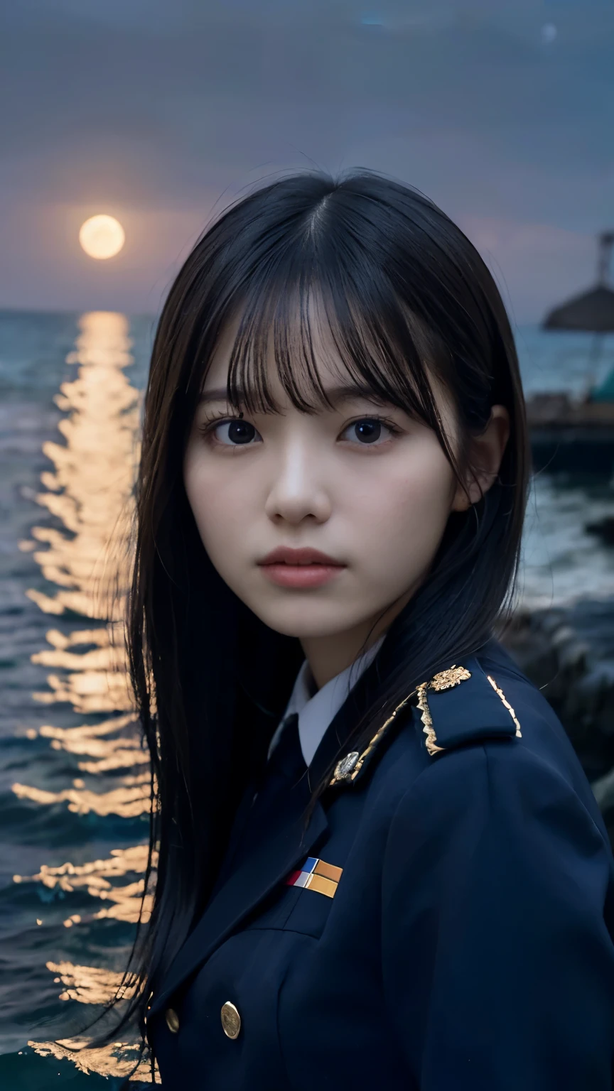 (Slim close-up portrait, Small breasted girl in uniform:1.5)、(A sad-looking girl with her hair blowing in the wind gazing at the big full moon 1.3)、(Large full moon reflected in the sea at night :1.3)、(Perfect Anatomy:1.3)、(Complete Hand:1.3)、(Full Finger:1.3)、Realistic、RAW Photos、Tabletop、highest quality、High resolution、Delicate and beautiful、Perfect Face、Beautiful details、Fair skin、Real human skin、pores、((Thin legs))、(Black Hair)、 Half body shot