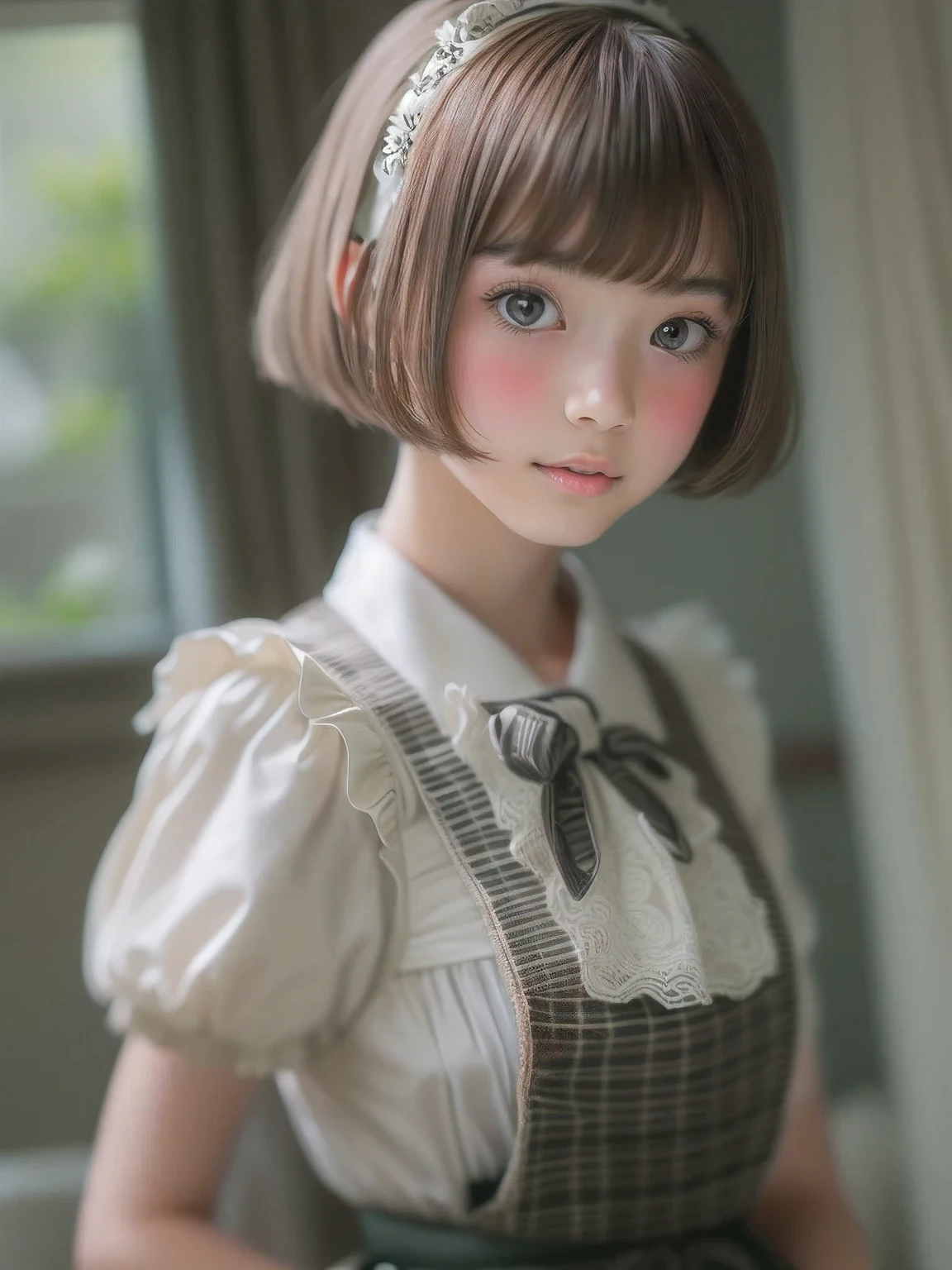 ((sfw:1.4)), (( extra short hair, sidelocks-hair, 1Girl)), Ultra High Resolution, (Realistic:1.4), RAW Photo, Best Quality, (Photorealistic), Focus, Soft Light, (()), ((Japanese)), (( (young face))), (surface), (depth of field), masterpiece, (realistic), wearing highly detailed (( maid clothes with frills and ribbon)), bangs, ((1 girl)),.()