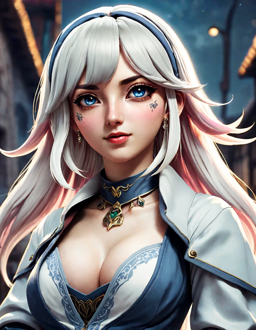 Beautiful tall woman with white hair and bluish eyes super realistic well detailed in the city