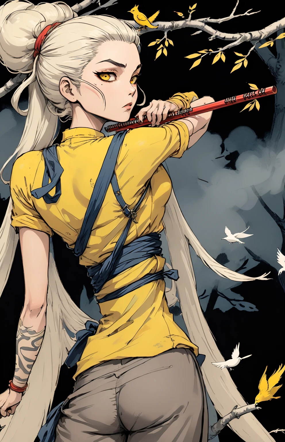Gritty (Usagi Yojimo istyle reference n the style of hand drawn Stan Sakai) caprice and whimsy of the wanderder the Ghost of Tsushima, sword resting on hip, wandering a vacant forest path, wearing a yellow traveler outfit and ronin straw hat, playing the shakuhachi flute to the yellow birds flying and red foxes frolicking, with cel shading, rich color grading, in a wordless cinematic scene. charcoal, bold expressive ink lines,
