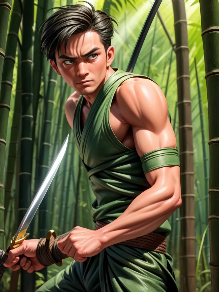 In a bamboo forest, a skilled swordsman engages in an intense battle. The swordsman possesses piercing, focused eyes and a resolute expression. The strokes of his sword are depicted with extreme detail, showcasing the intensity and precision of his movements. As he clashes with his opponent, the sunlight filters through the dense bamboo leaves, creating a play of light and shadow on the warriors. The scene is captured in the style of a breathtaking portrait, with vivid colors and realistic details enhancing the overall effect. The atmosphere is imbued with a sense of tranquility and tension, as the swordsman's determination is palpable. The viewer becomes fully immersed in the battle, feeling the adrenaline and excitement of the clash. The artwork is masterfully created using traditional brushstrokes, evoking a sense of ancient Japanese art. The color palette is dominated by deep greens, reflecting the lushness of the bamboo forest. The lighting is carefully executed, highlighting the swordsman's figure and enhancing the dramatic effect. The artwork is of the best quality, ensuring a visually stunning and captivating image.