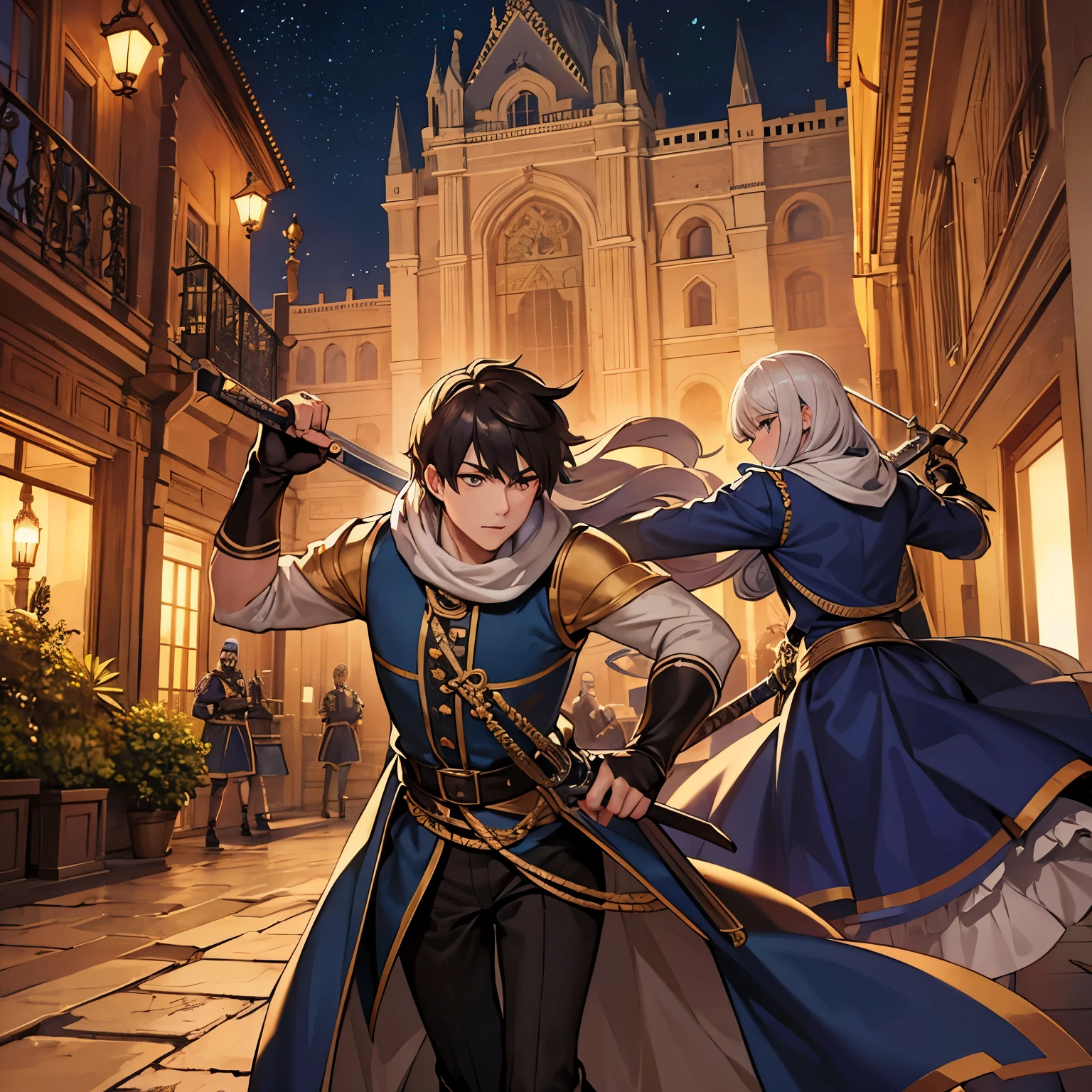 Royal knights, running in the night, carrying swords, men, ultra detail, ultra HD, in the royal courtyard