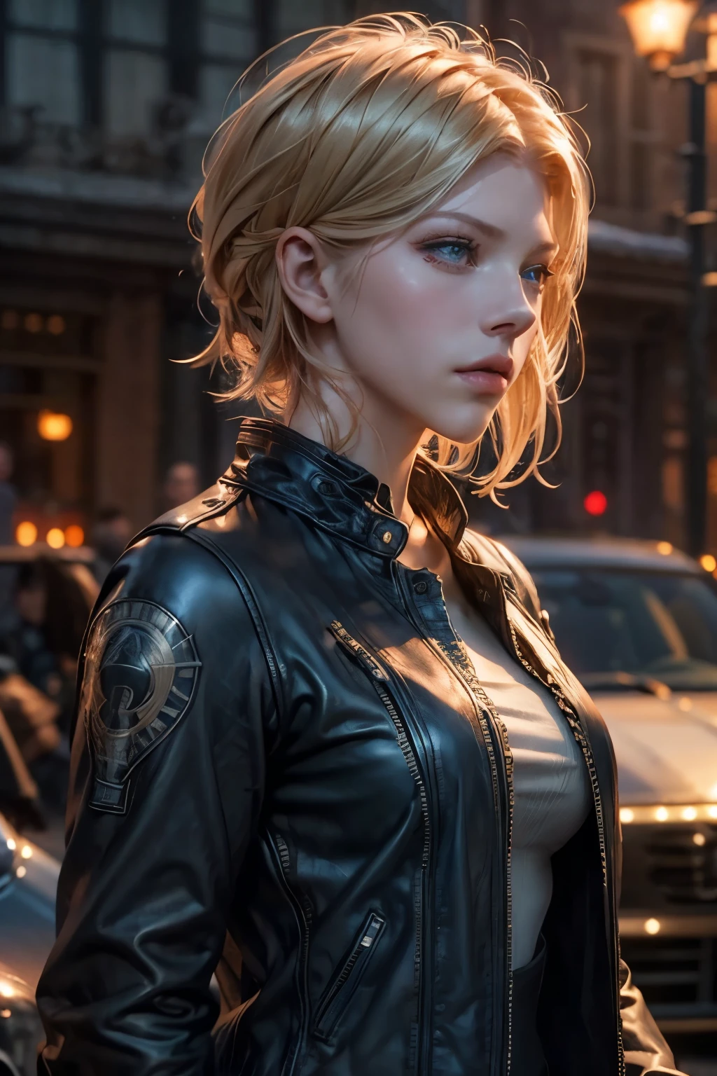 blonde short hair, vibrant blue eyes, white pale skin, ((Katheryn Winnick)), portrait, full leather clothes, biker clothes, thin nose, thin chin, dark night scene, motorclub, High detail RAW colored art, (detailed skin, skin texture), (muscle), intricate details, fine details, hyperdetailed, ray tracing, subsurface scattering, diffuse soft lighting, red and blue spotlight, by Jeremy Mann, Greg Manchess, Antonio Moro, trend at ArtStation, trend at CGSociety, Intricate, High Detail, Sharp focus, dramatic and photorealistic painting art by midjourney, bokeh in the background, motorclub jacket, best quality, masterpiece, only 1girl, close up portrait, night dark ambient, look at the viewer, leather jacket, leather clothes, outdoor night road, harley motorbike, 
