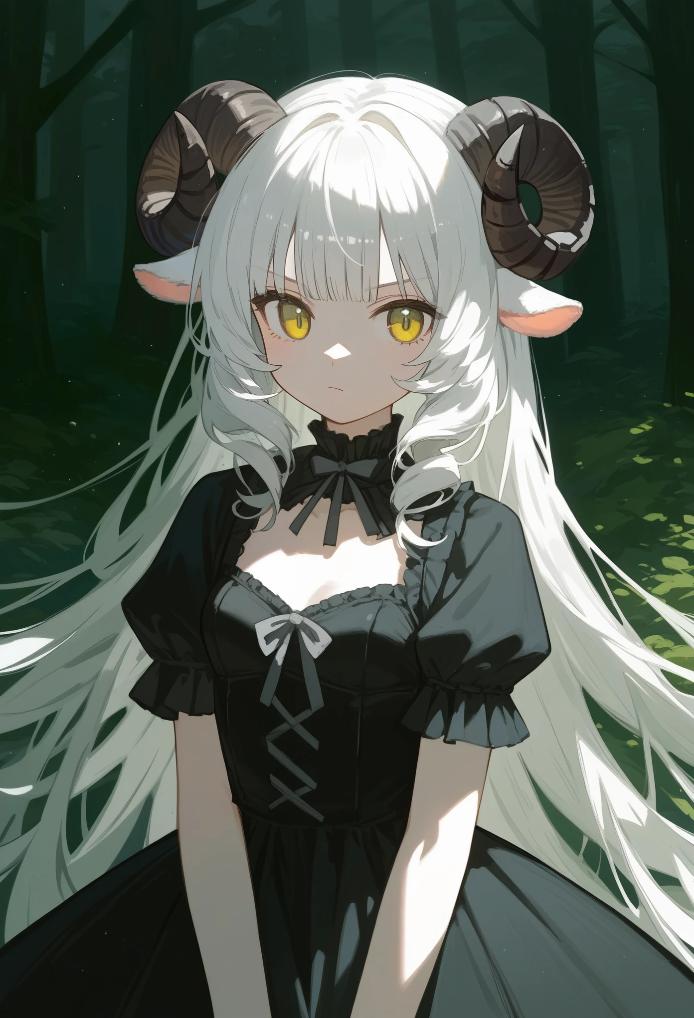 (score_9,score_8_up,score_7_up),1girl,solo,sheep horns,curled horns,black horns,black sheep ears,white hair,long hair,hime cut,long bangs,pale skin,yellow eyes,serious,neutral,small breasts,standing,lolita fashion,(black dress, old fashioned),(forest background, night),arms between legs,upper body,masterpiece,best quality
