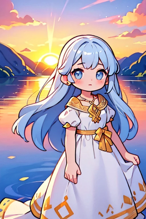 1 girl, Calm expression, Charming eyes, Light blue long hair,Silver Eyes Flowing Dress, Subtle blush, Crystal PendantBREAK Golden Hour, (Edge lighting):1.2, Warm colors, Solar flares, Soft shadows, Vibrant colors, Painting effects, Dreamy atmosphereBREAK Scenic lake, Distant Mountains, willow, calm water, reflection, Sun shining clouds, Peaceful atmosphere, idyllic sunset, Ultra Detailed,