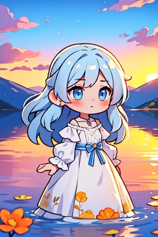 1 girl, Calm expression, Charming eyes, Light blue long hair,Silver Eyes Flowing Dress, Subtle blush, Crystal PendantBREAK Golden Hour, (Edge lighting):1.2, Warm colors, Solar flares, Soft shadows, Vibrant colors, Painting effects, Dreamy atmosphereBREAK Scenic lake, Distant Mountains, willow, calm water, reflection, Sun shining clouds, Peaceful atmosphere, idyllic sunset, Ultra Detailed,