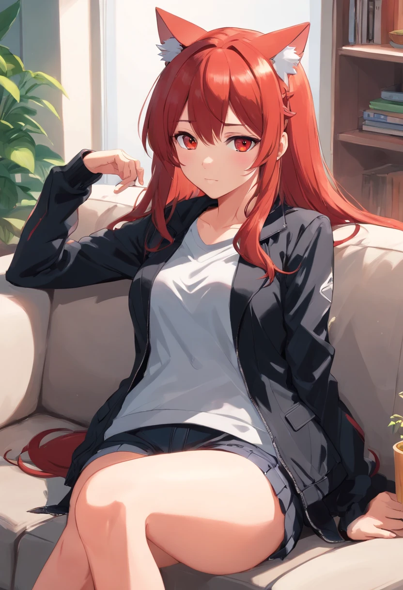 A girl,Red hair, White sweater, without pants ,white underwear,closed legs, sitting on a sofa