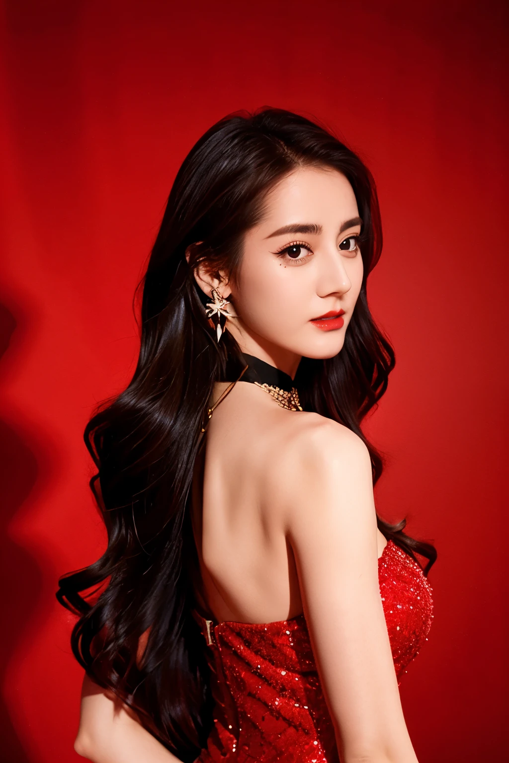 Ultra HD resolution,artistic photos,Photography,21year girl,earrings,long hair,Red background,Black backless dress,necklace,cowboy shot,H cup