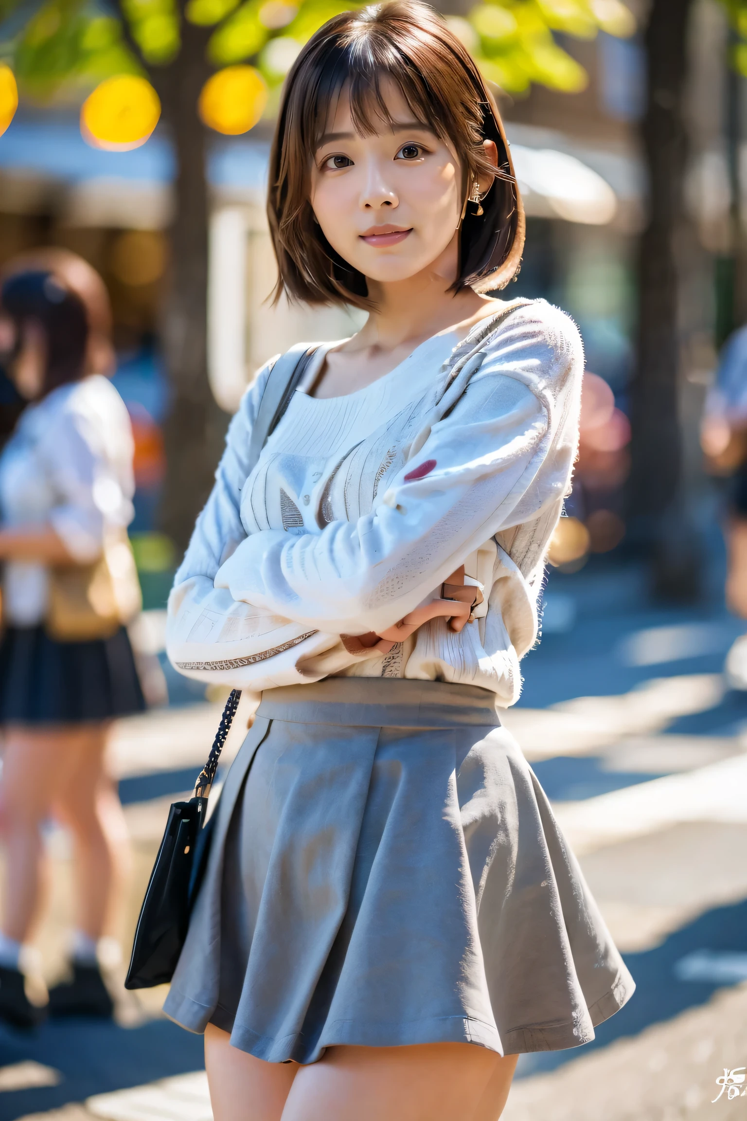 masterpiece, highest quality, Photorealistic, Very detailed, finely, High resolution, 8K Wallpaper, Professional, High level of detail, ((One 20-year-old girl:1.2)), Slender Japanese women,cute lips, Detailed clavicle, Mid-chest、Perfect Face, (Cute short hair:1.5), Chestnut Hair、Cute face、White long sleeve T-shirt、(Grey Mini Flared Skirt:1.5)、Black short boots、(Sexy poses in the shopping district:1.2)、Perfect Professional Potion、((Complete head-to-toe coverage:1.5)、