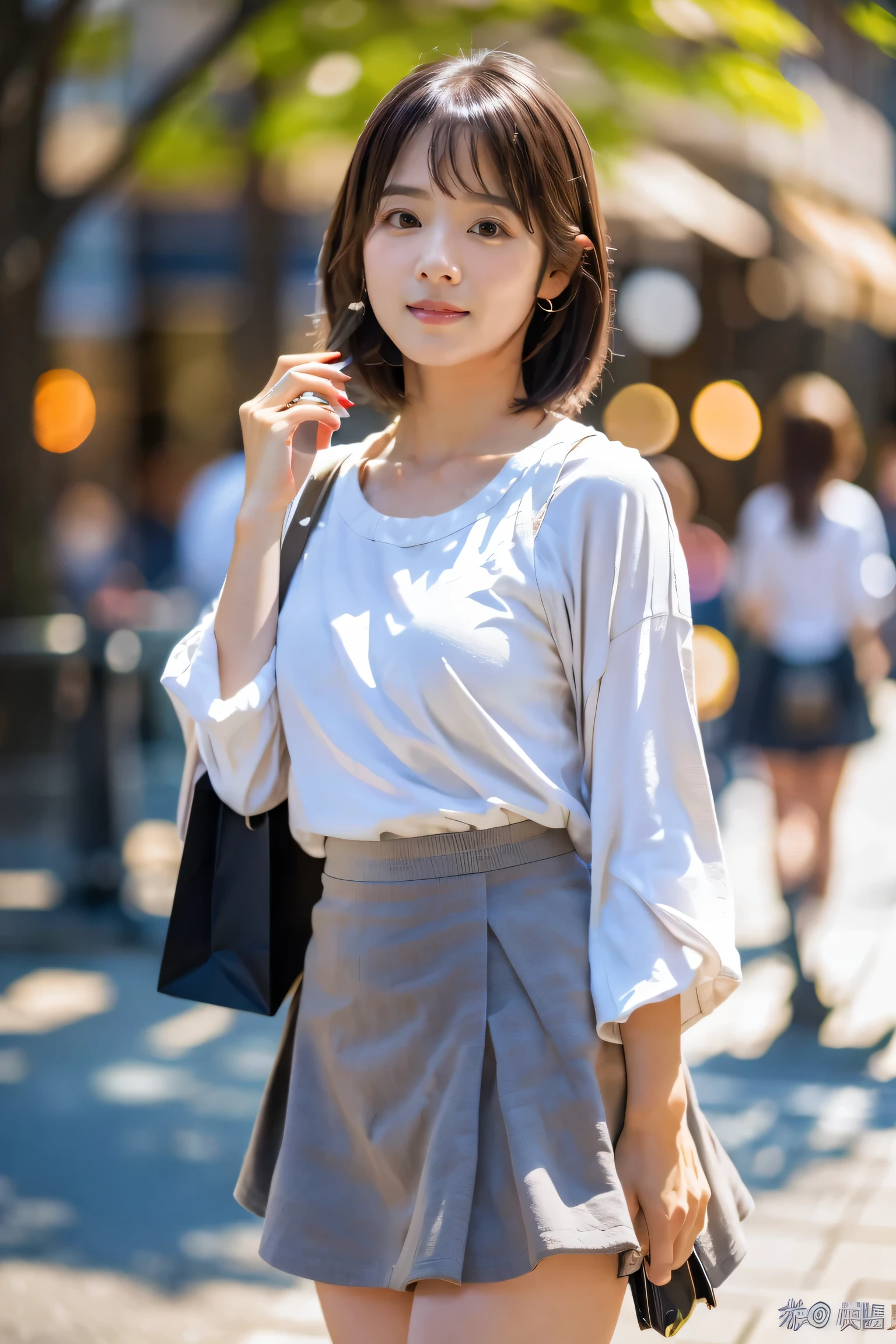 masterpiece, highest quality, Photorealistic, Very detailed, finely, High resolution, 8K Wallpaper, Professional, High level of detail, ((One 20-year-old girl:1.2)), Slender Japanese women,cute lips, Detailed clavicle, Mid-chest、Perfect Face, (Cute short hair:1.5), Chestnut Hair、Cute face、White long sleeve T-shirt、(Grey Mini Flared Skirt:1.5)、Black short boots、(Sexy poses in the shopping district:1.2)、Perfect Professional Potion、((Complete head-to-toe coverage:1.5)、