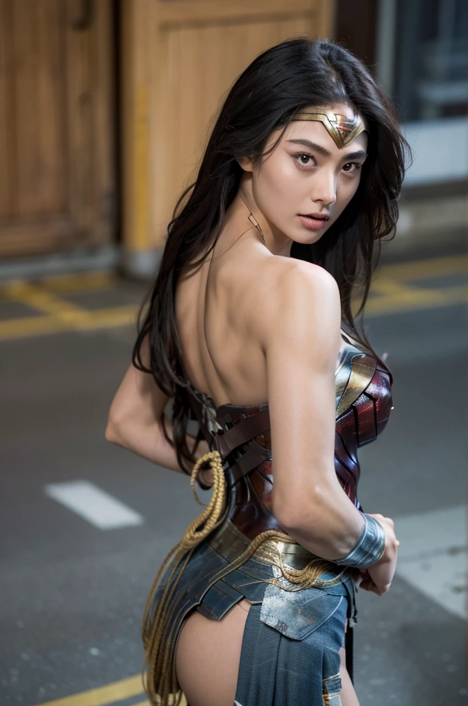 beautiful detail, best quality, 8k, highly detailed face and skin texture, high resolution, long hair huge tits japanese wonder woman in abandoned building, back view, looking at viewer, sharp focus