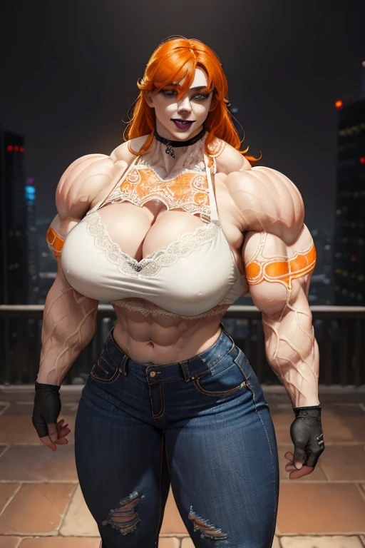 (((((Massive tall, beautiful, buff, pale white skinned muscular woman with orange hair, black lipstick, ginormous bulky muscles, and wearing a orange lace bra with tight denim pants))))), close view, massive muscle, massive biceps, hyper muscle shoulders, (massive muscle arms), vascular shoulders, hyper muscle triceps, (shaggy long hair), green eyes, choker, (long fingerless gloves), black boots, (in a rainbow city), confidant smile, night, hyper vascular arm, hyper muscles arms, hyper muscle legs, (massive arms).