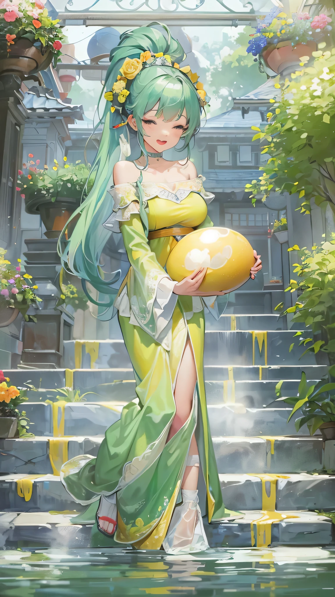 perfect anatomy, masterpiece:1.4, best highres, 16k, (the background is Hot Spring Town), ((background many hot spring with fog)) break,  
(wide-angle, frontale:1.2) (hand holding Hot spring egg) (solo:1.3 ponytail green hair long hair cute girl), ((15 yo)), (cute closed eyes), ((beautiful make up)), (sexy smile, open mouth), break, (in a Layered yellow Off-the-shoulder dress with detailed green rose).