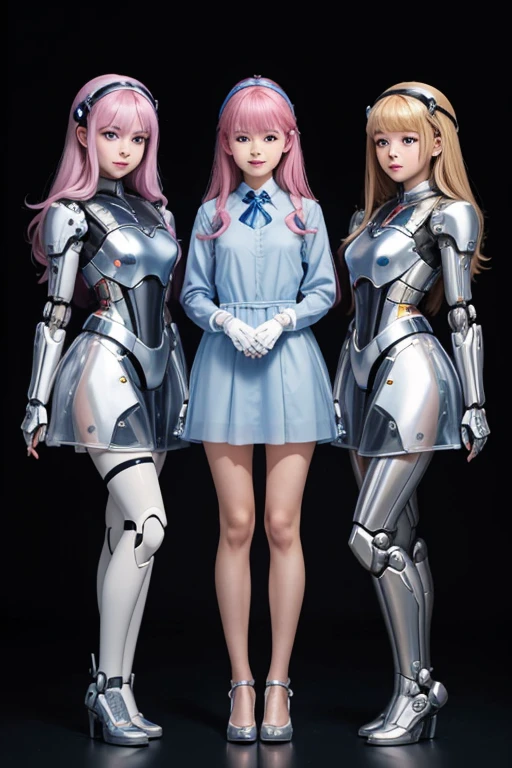 Many schoolgirls transformed into robots, whole body mechanics,　 Only the faces of all of them remain human., Their face is cute and beautiful, They all have different hair colors and hairstyles., Everyone&#39;s entire body is mechanical and made of metal., Everyone&#39;s whole body is mechanical and metallic, and they&#39;re all different colors., Not all body shapes are the same, Everyone has different foot shapes, They all have height differences, The bodies bear little resemblance to each other, All standing together, Everyone smiles at the master, Group Selfie, full body shot, Looks like a whole body, wear clear princess dress, retina, table top, Accurate, anatomically correct, advanced details, highest quality, High resolution