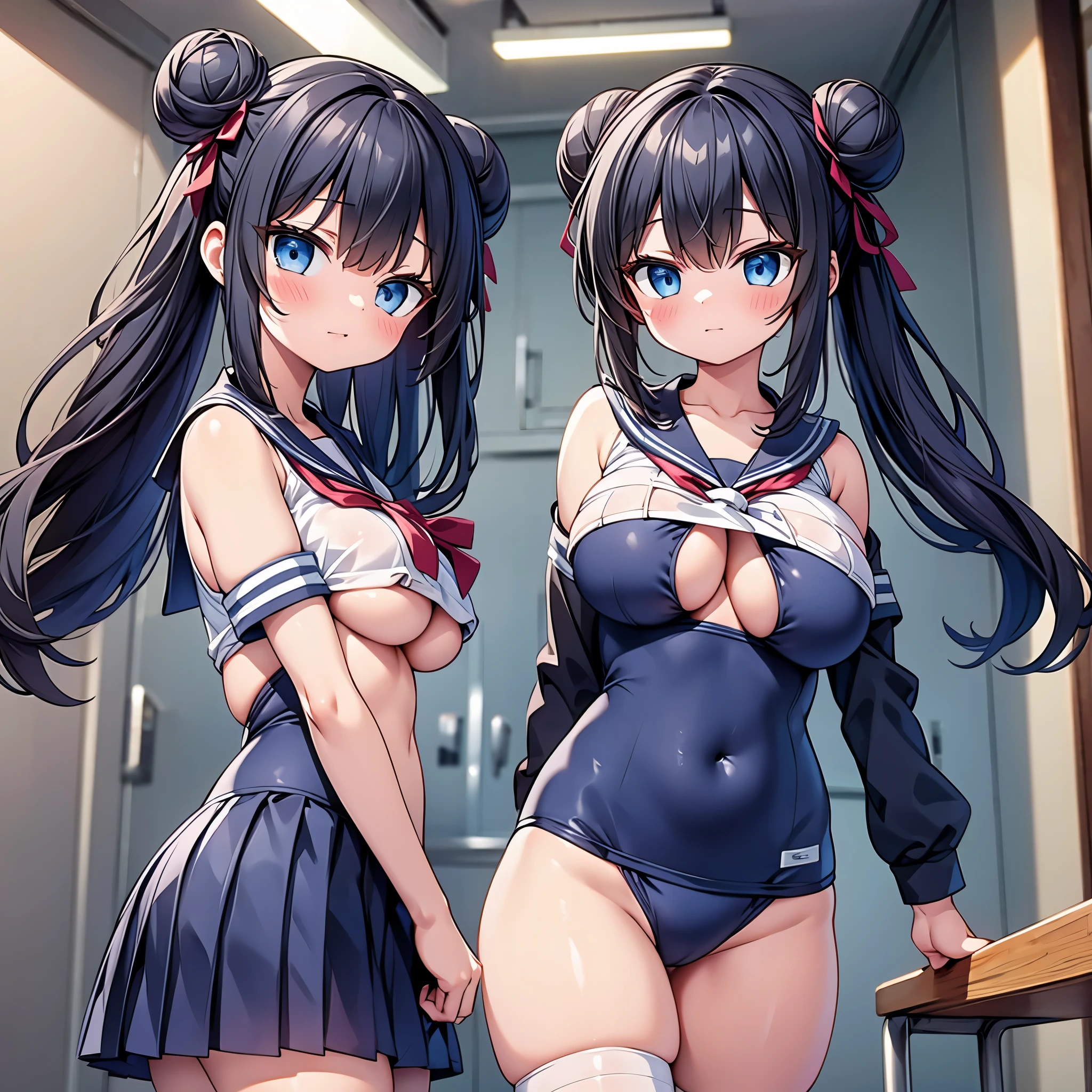 highest quality,wonderful,finely,extremely detailed CG Unity 8K wallpaper, (1 Girl,Black Hair, Blue Eyes,double bun), (huge breasts), (school swimsuit:1.2), (Underboob:1.1), (zettai ryouiki:1.1), (Are standing:1.2), (from below:1.4)