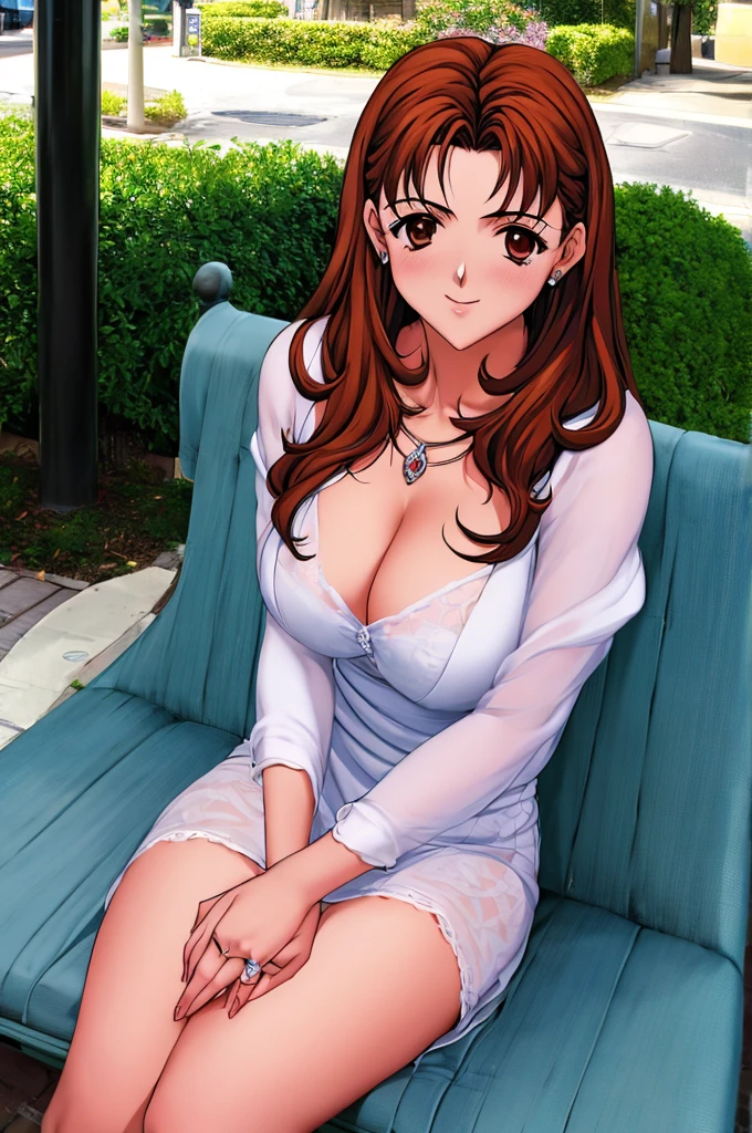 Sonozaki　Misao Sonozaki, masterpiece, best quality, a sexy mature woman sitting on her knee at the street bench, in short dress, posing for the camera, 1girl, breasts, solo, dress, jewelry, cleavage, smile, long hair, white dress, looking at viewer, 