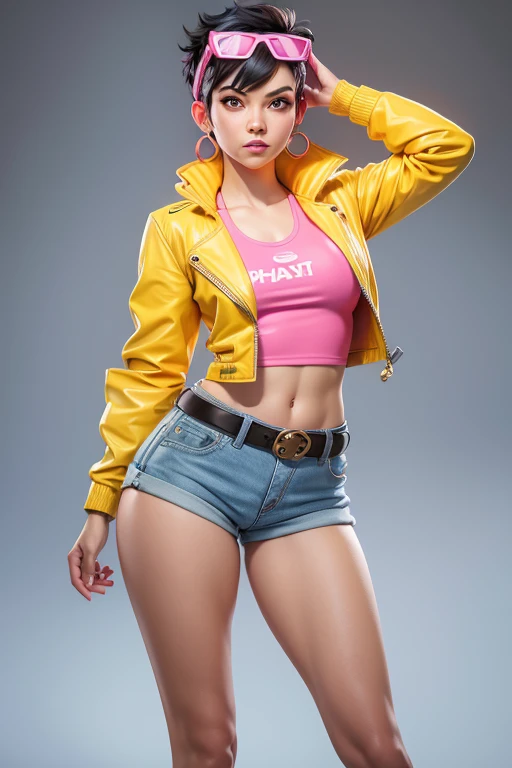 A woman in a yellow raincoat and pink eyewear on head, yellow leather jacket,  punk black hair (very short on the sides), solo, jubilee, open long yellow leather jacket!, big light brown eyes, small breasts, pink earrings, belt, cotton pink tank top, light blue low-waist denim shorts,  pink eyewear on head, covered navel, cropped legs, cotton, Sexy pose, front view!, white background, realistic colors, front view, light coming from the right, 8K image quality, Masterpiece