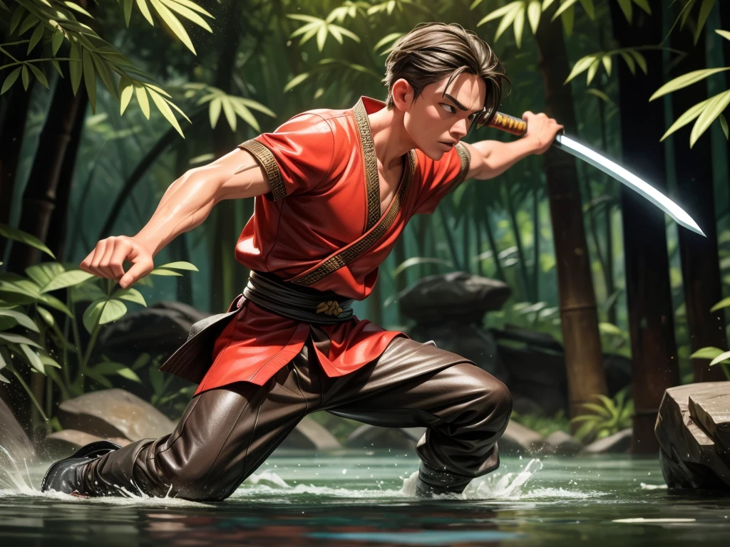 (best quality,4k,highres,masterpiece:1.2),ultra-detailed,realistic, martial arts, katana, intense battle, skilled swordsman, fierce Kappa, dense bamboo forest, flowing river, dramatic lighting, traditional Japanese setting, dynamic action, warrior's concentration, sense of danger, precise strikes, splashing water, rustling bamboo leaves, sword-swinging with power, focused expression, adrenaline rush, contrasting shadows and highlights, atmospheric ambiance, vibrant colors, traditional costume, samurai spirit