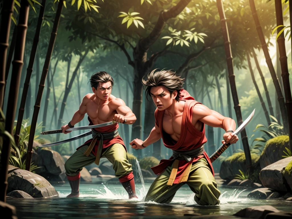 (best quality,4k,highres,masterpiece:1.2),ultra-detailed,realistic, martial arts, katana, intense battle, skilled swordsman, fierce Kappa, dense bamboo forest, flowing river, dramatic lighting, traditional Japanese setting, dynamic action, warrior's concentration, sense of danger, precise strikes, splashing water, rustling bamboo leaves, sword-swinging with power, focused expression, adrenaline rush, contrasting shadows and highlights, atmospheric ambiance, vibrant colors, traditional costume, samurai spirit