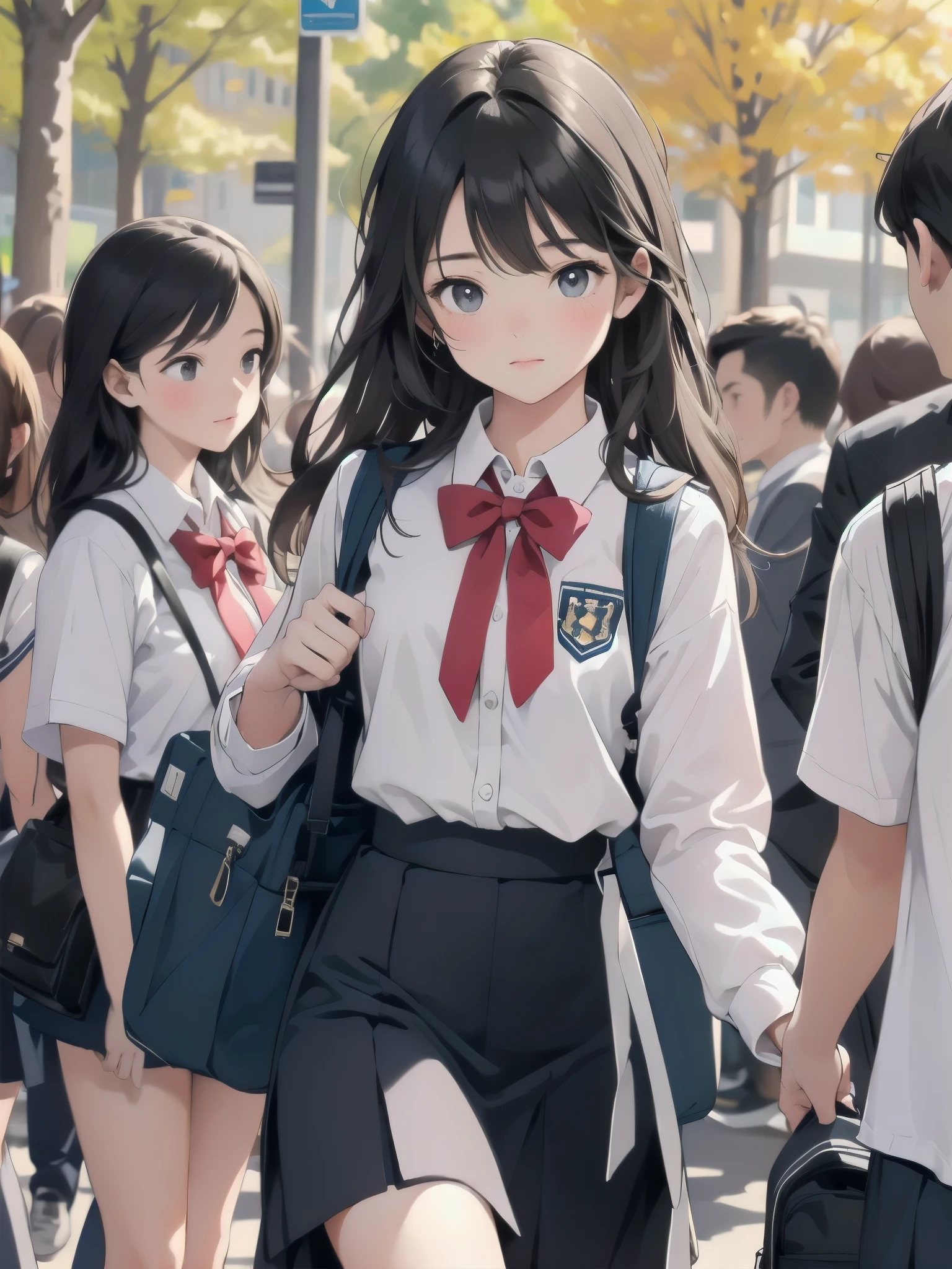 One girl, spring, high school, , warm colours, schoolbag, accurate and very detailed background, crowd of schoolgirls in uniform with various body shapes and hairstyles, cute.
