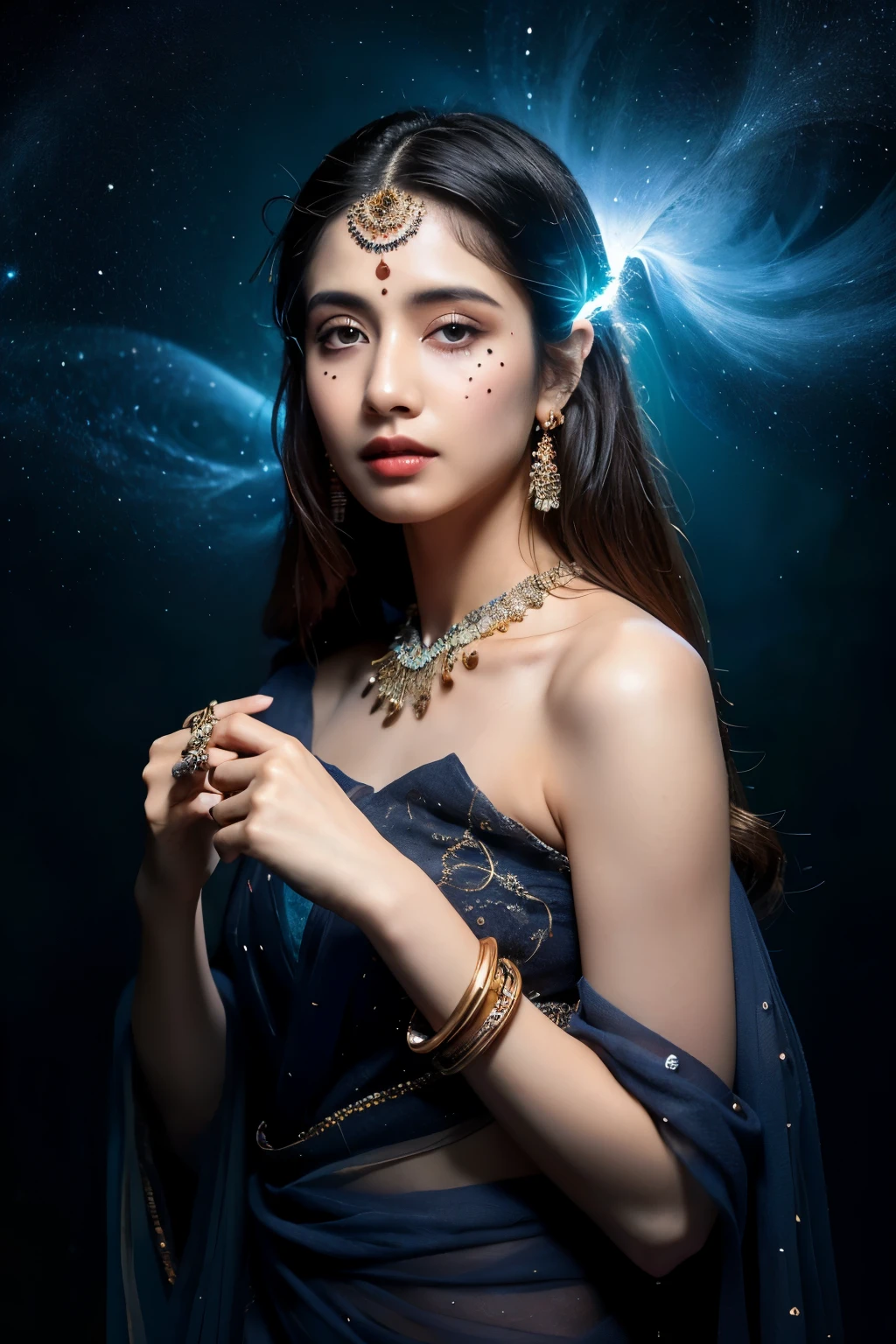 ((best quality)), ((masterpiece)), (detailed), Conjure a hauntingly beautiful portrait of a Pakistani woman in her mid-20s with fair complexion, her gaze imbued with an enigmatic intensity. Clad in a flowing nebula gown, its fabric a swirling tapestry of purples and golds that seem to devour light rather than reflect it. Instead of a backdrop, depict a swirling vortex of stardust and nebulae, but this time rendered in a palette of deep blues, inky blacks, and the occasional flicker of distant, dying stars. Capture the woman's gaze fixed on a point beyond the frame, hinting at a connection to a powerful, unseen force. Maintain the hyper-realistic style with an amazing depth of field, focusing on her face and the intricate details of the nebula gown, which seems to shimmer with an inner light. Let tendrils of shadowy stardust dance around her, further emphasizing the enigmatic mood. Incorporate traditional Pakistani elements like dark, oxidized jewelry or intricate black henna designs on her hands, subtly woven into the cosmic gown for a captivating blend of beauty and mystery.