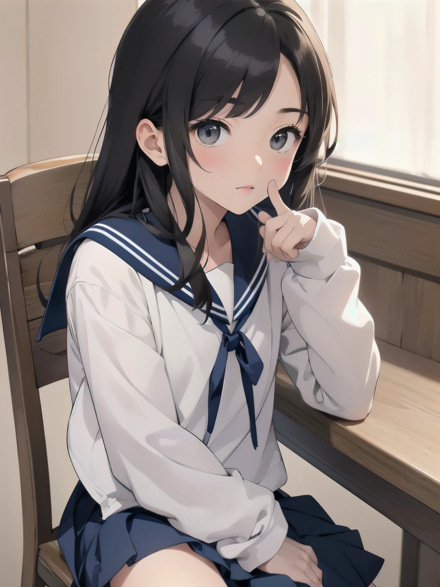 there is a young girl in a sailor suit sitting on a chair, seifuku, shikamimi, chiho, with index finger, sakimichan, iwakura lain, close up iwakura lain, shiori teshirogi, kotegawa yui, sailor uniform, narumi kakinouchi, jk uniform