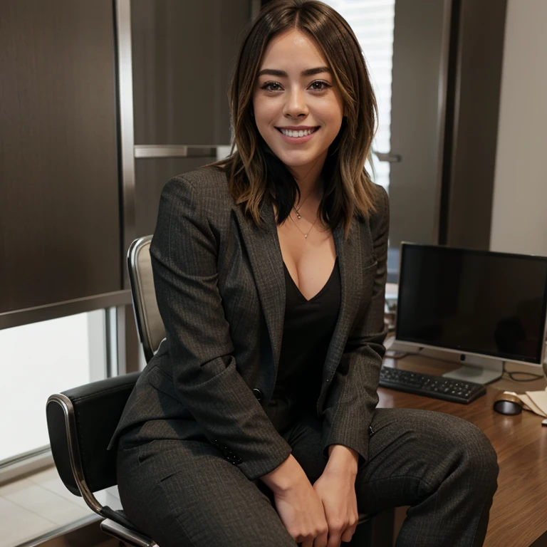 Chloe Bennet dressed in blazer and dress pants smiling