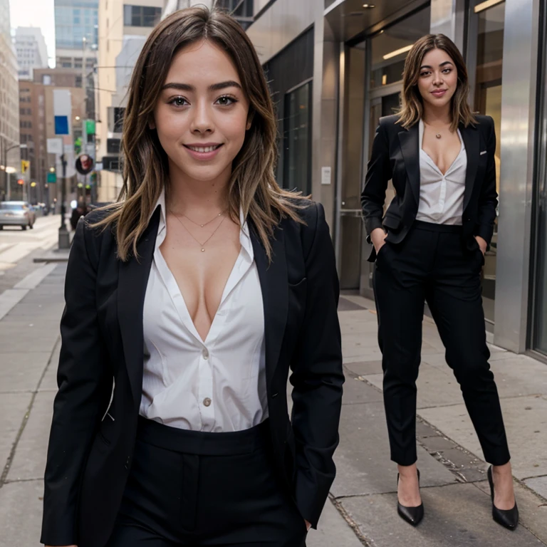 Chloe Bennet dressed in blazer and dress pants smiling