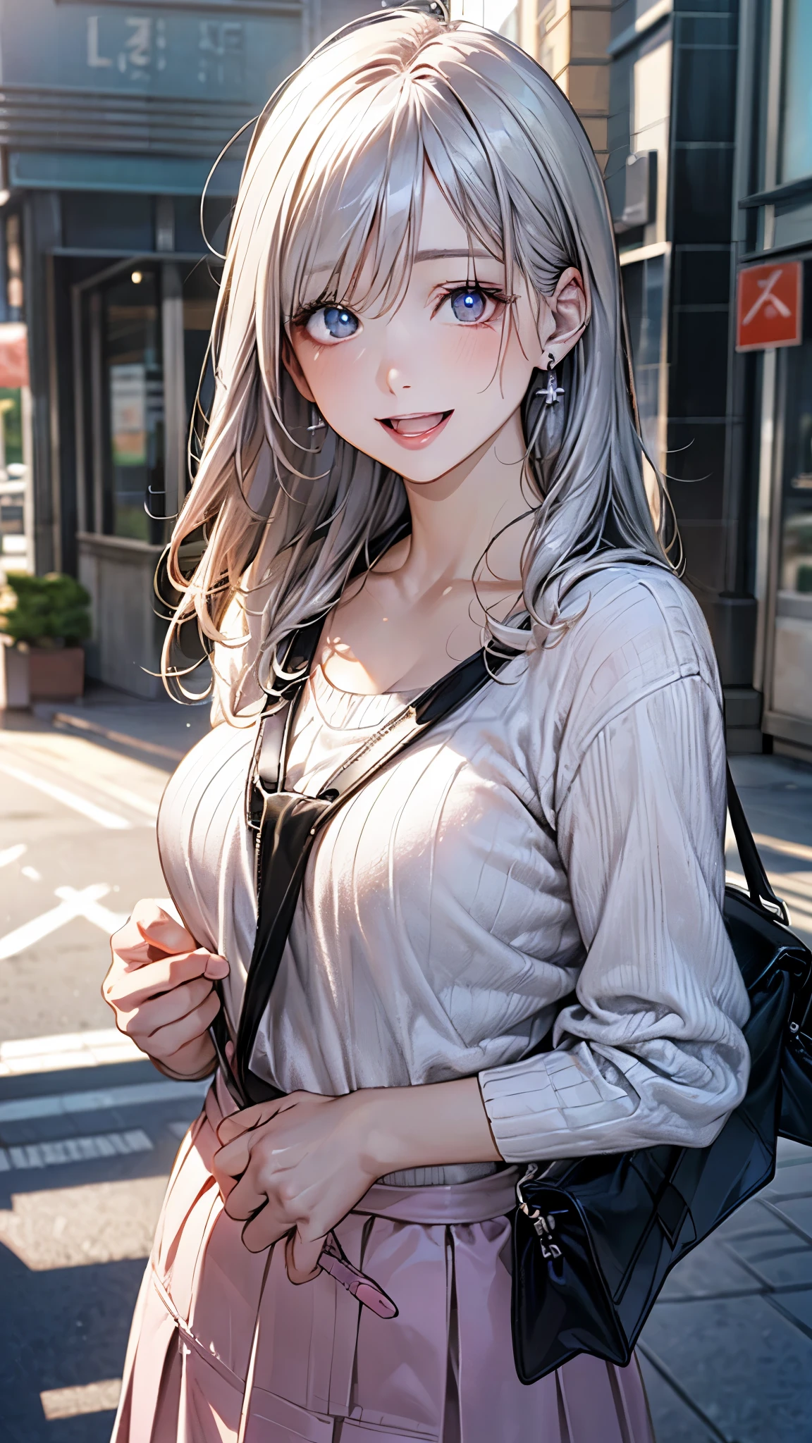 (masterpiece:1.2, top-quality), (realistic, photorealistic:1.4), beautiful illustration, (natural side lighting, movie lighting), ,
looking at viewer, (face focus, upper body), cowboy shot, 1 girl, japanese, high school girl, perfect face, babyface, (perfect anatomy:1.4), cute and symmetrical face, white skin, shiny skin,
(long hair:1.2, straight hair:1.2, silver hair), bangs, blue eyes, big eyes, long eye lasher, (large breasts), slender,
beautiful hair, beautiful face, beautiful detailed eyes, beautiful clavicle, beautiful body, beautiful chest, beautiful thigh, beautiful legs, beautiful hands,
(detailed cloth texture, (pastel colors), parl-white sweater, light pink long skirt, black shoulder bag),
(beautiful scenery), evening, (street), walking, (holding a penguin keychain), (lovely smile, upper eyes, open mouth),