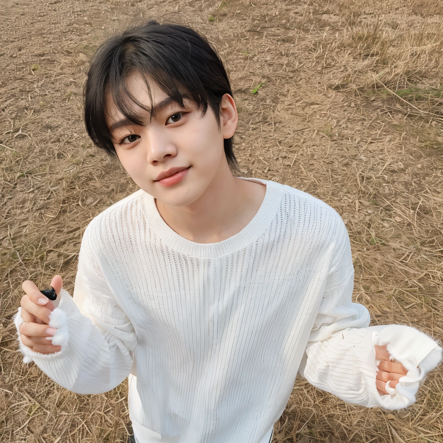 TXT's Yeonjun outdoors happy in white clothes cute black hair Asian