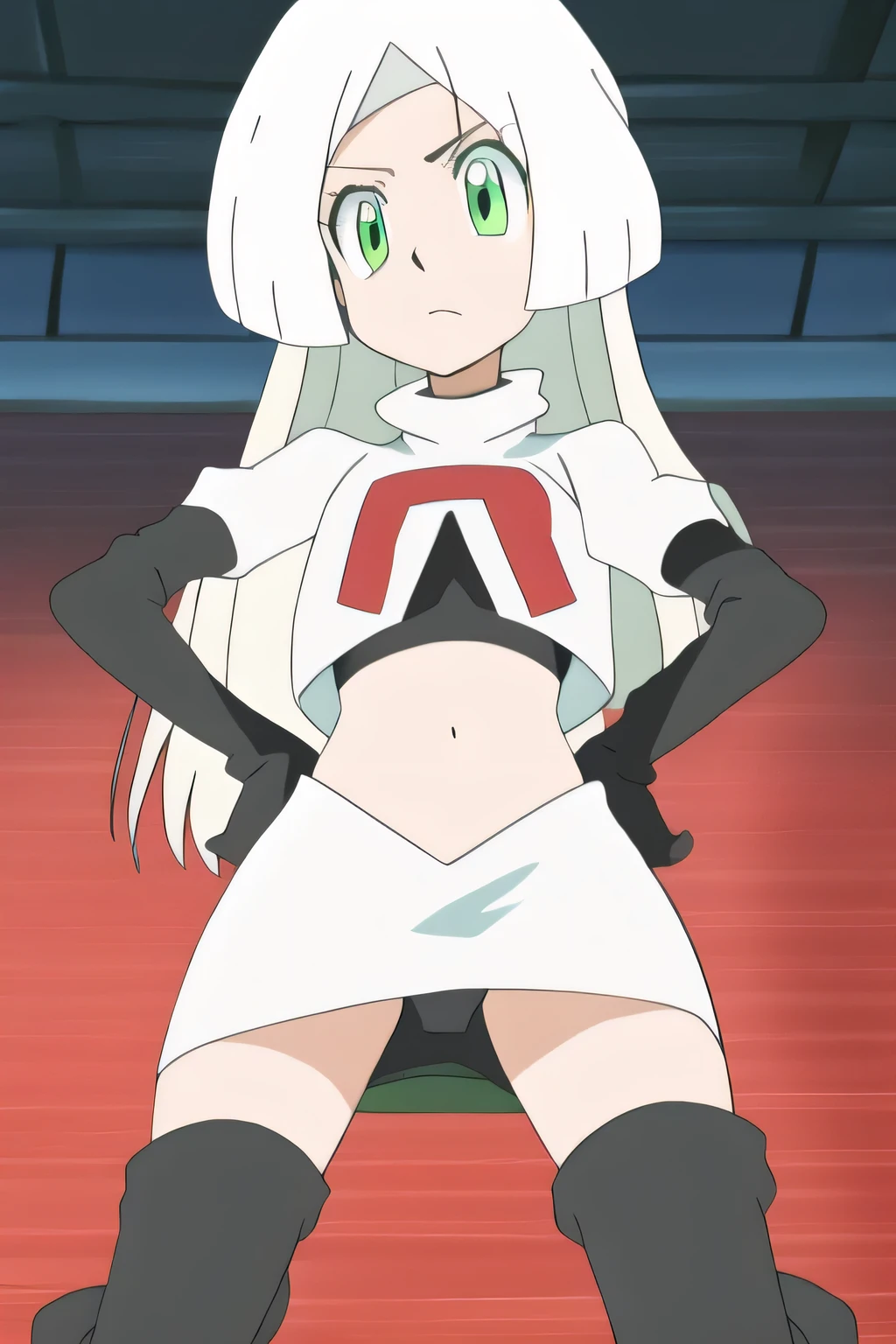 masterpiece,best quality,high res,high quality,8k, masterpiece,highres, team rocket uniform, red letter r, white skirt,white crop top,black thigh-high boots, black elbow gloves, glaring angrily, looking down at viewer, hands on hips, cowboy shot, zettai ryouiki,spread legs,from below, black panties,anime style, vivid colors, sharp focus, intense lighting,sims,white hair,green eyes long hair