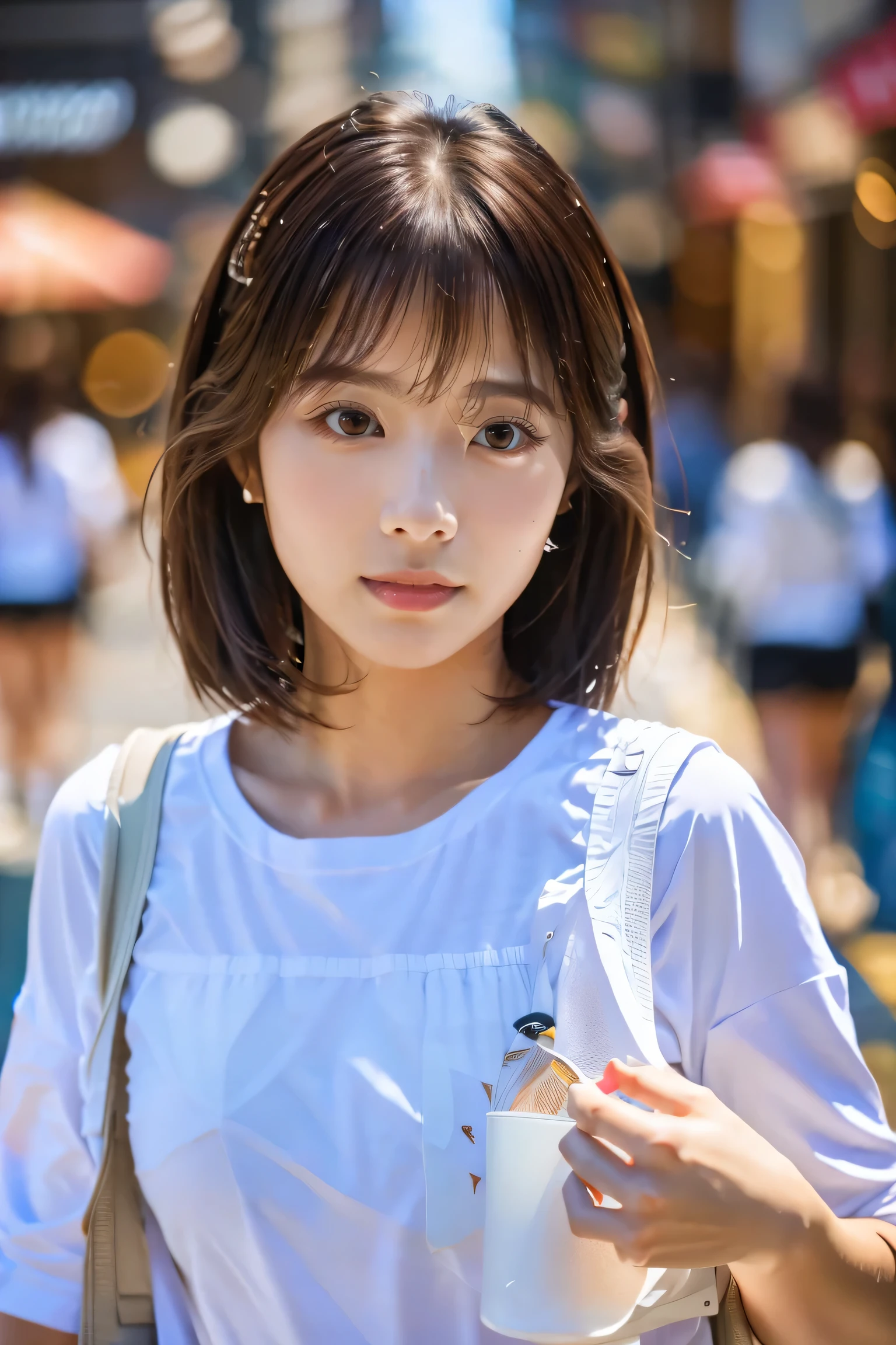 masterpiece, highest quality, Photorealistic, Very detailed, finely, High resolution, 8K Wallpaper, Professional, High level of detail, ((One 20-year-old girl:1.2)), Slender Japanese women,cute lips, Detailed clavicle, Mid-chest、Perfect Face, (Cute short hair:1.5), Chestnut Hair、Cute face、White long sleeve T-shirt、(Shorts:1.5)、Black short boots、(Sexy poses in the shopping district:1.2)、Perfect Professional Potion、((Complete head-to-toe coverage:1.5)、