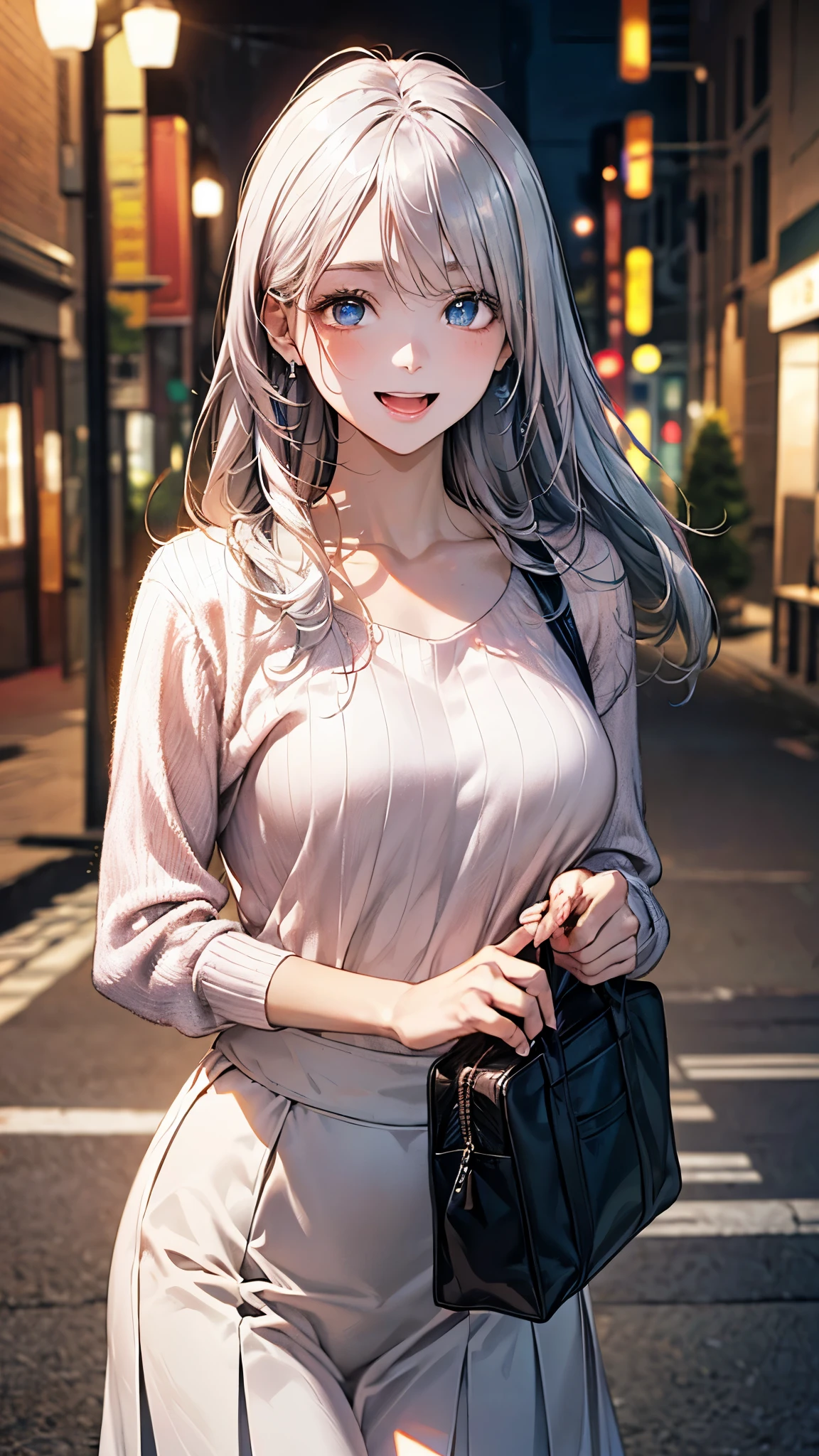 (masterpiece:1.2, top-quality), (realistic, photorealistic:1.4), beautiful illustration, (natural side lighting, movie lighting), ,
looking at viewer, (face focus, upper body), cowboy shot, 1 girl, japanese, high school girl, perfect face, face, (perfect anatomy:1.4), cute and symmetrical face, white skin, shiny skin,
(long hair:1.2, straight hair:1.2, silver hair), bangs, blue eyes, big eyes, long eye lasher, (large breasts), slender,
beautiful hair, beautiful face, beautiful detailed eyes, beautiful clavicle, beautiful body, beautiful chest, beautiful thigh, beautiful legs, beautiful hands,
(detailed cloth texture, (pastel colors), parl-white sweater, light pink long skirt, black shoulder bag),
(beautiful scenery), evening, (street), walking, (holding a penguin keychain), (lovely smile, upper eyes, open mouth),