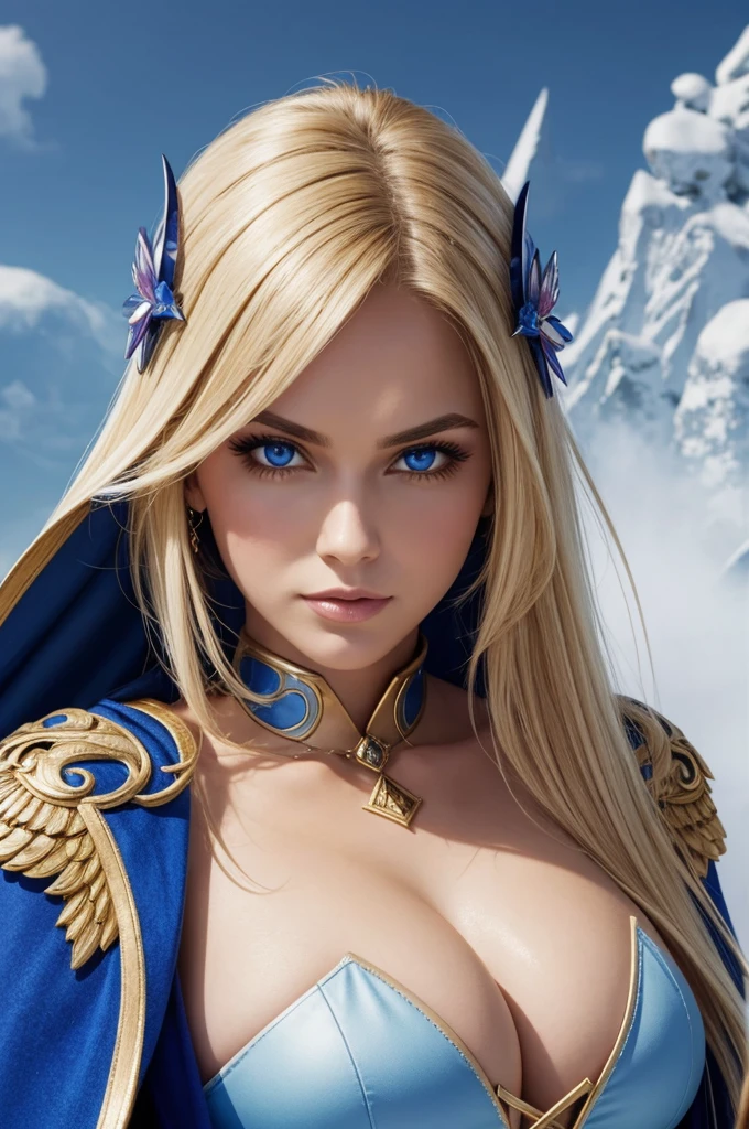 woman, mother supper villain, master, curvys, blonde, telepath, blue eyesboll,brave, detailed face, mini cropped cleavage, using cape,  fighter position, background in snow in russia
