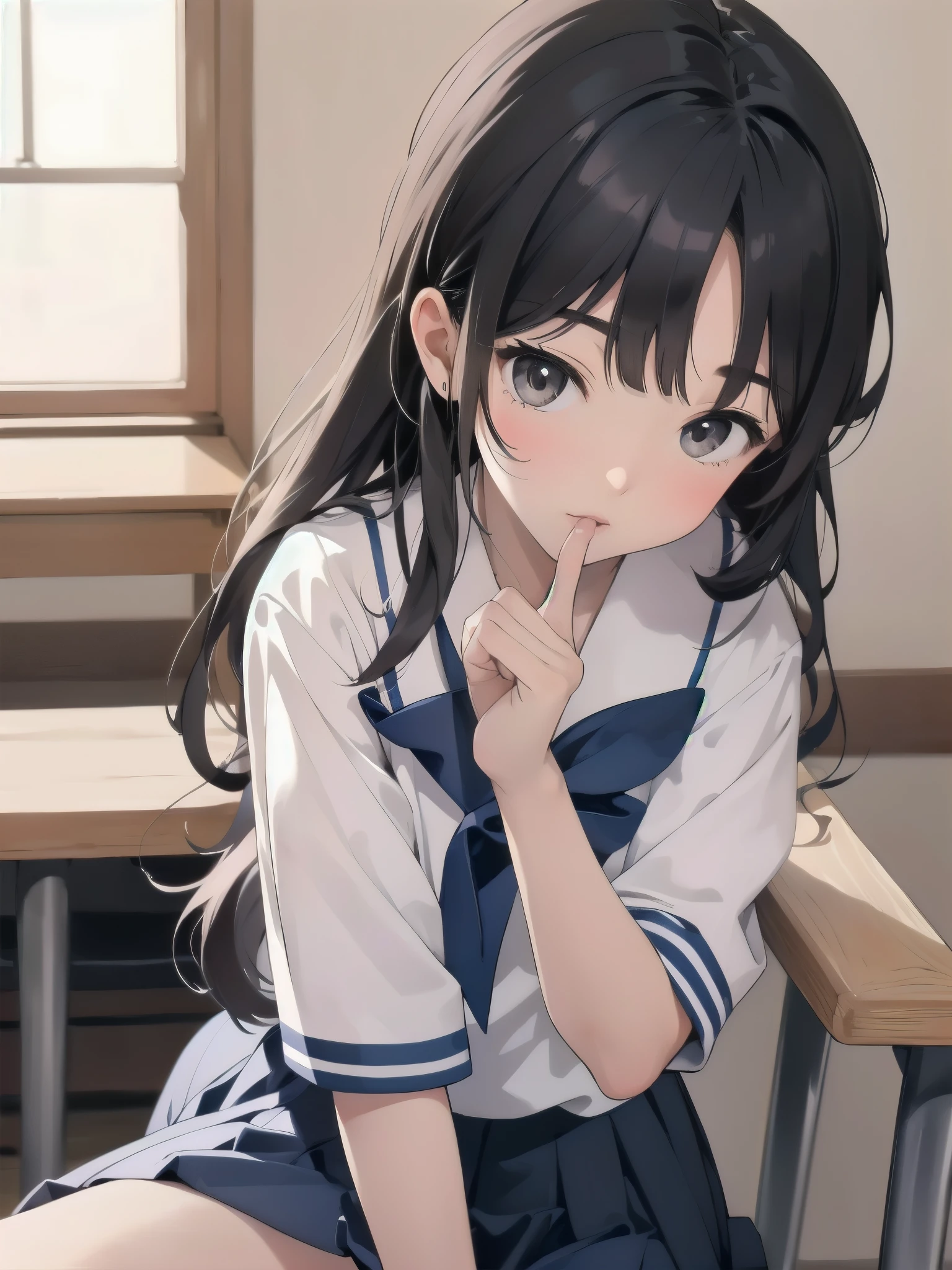 there is a young girl in a sailor suit sitting on a chair, seifuku, shikamimi, chiho, with index finger, sakimichan, iwakura lain, close up iwakura lain, shiori teshirogi, kotegawa yui, sailor uniform, narumi kakinouchi, jk uniform