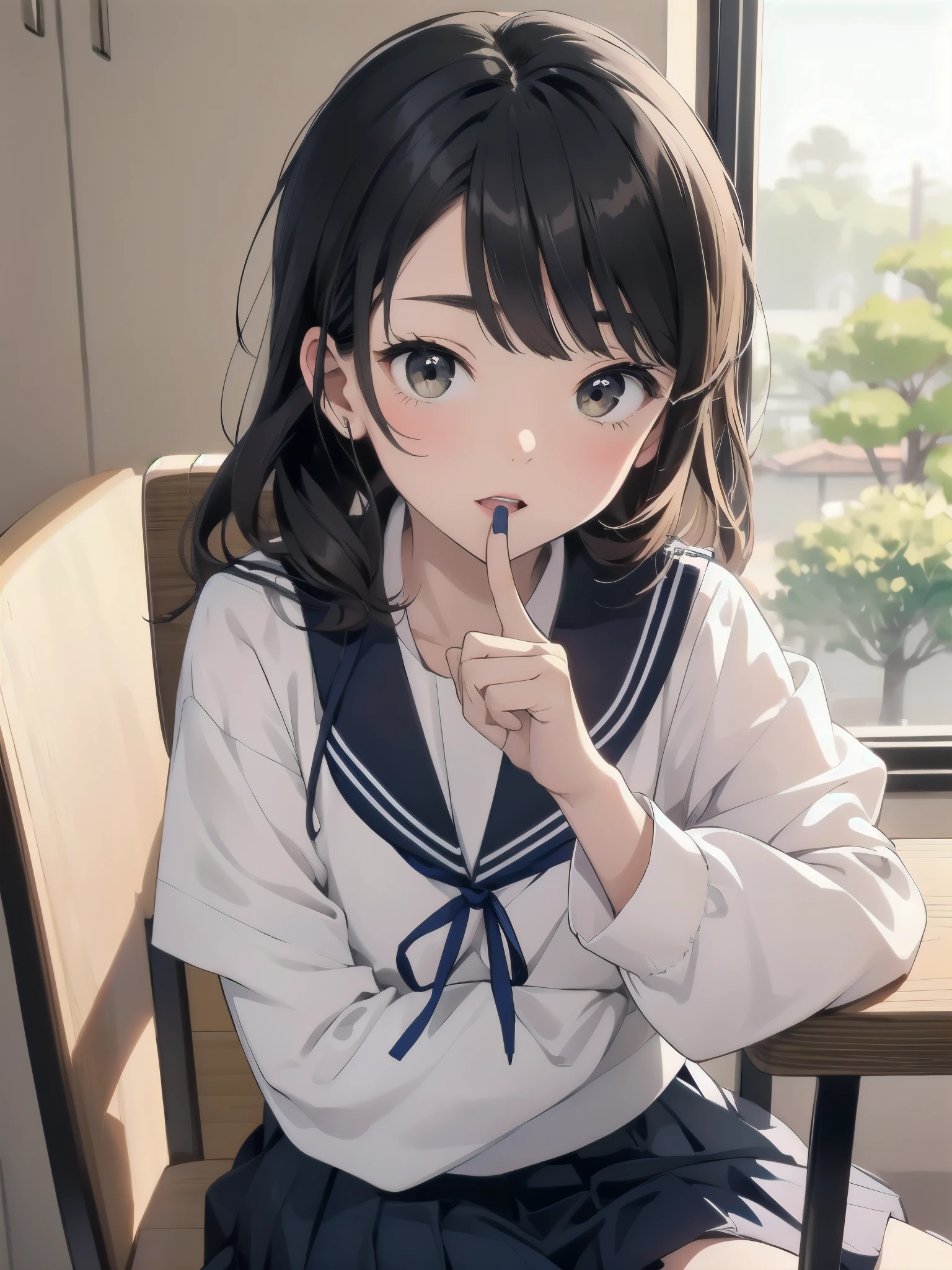 there is a young girl in a sailor suit sitting on a chair, seifuku, shikamimi, chiho, with index finger, sakimichan, iwakura lain, close up iwakura lain, shiori teshirogi, kotegawa yui, sailor uniform, narumi kakinouchi, jk uniform