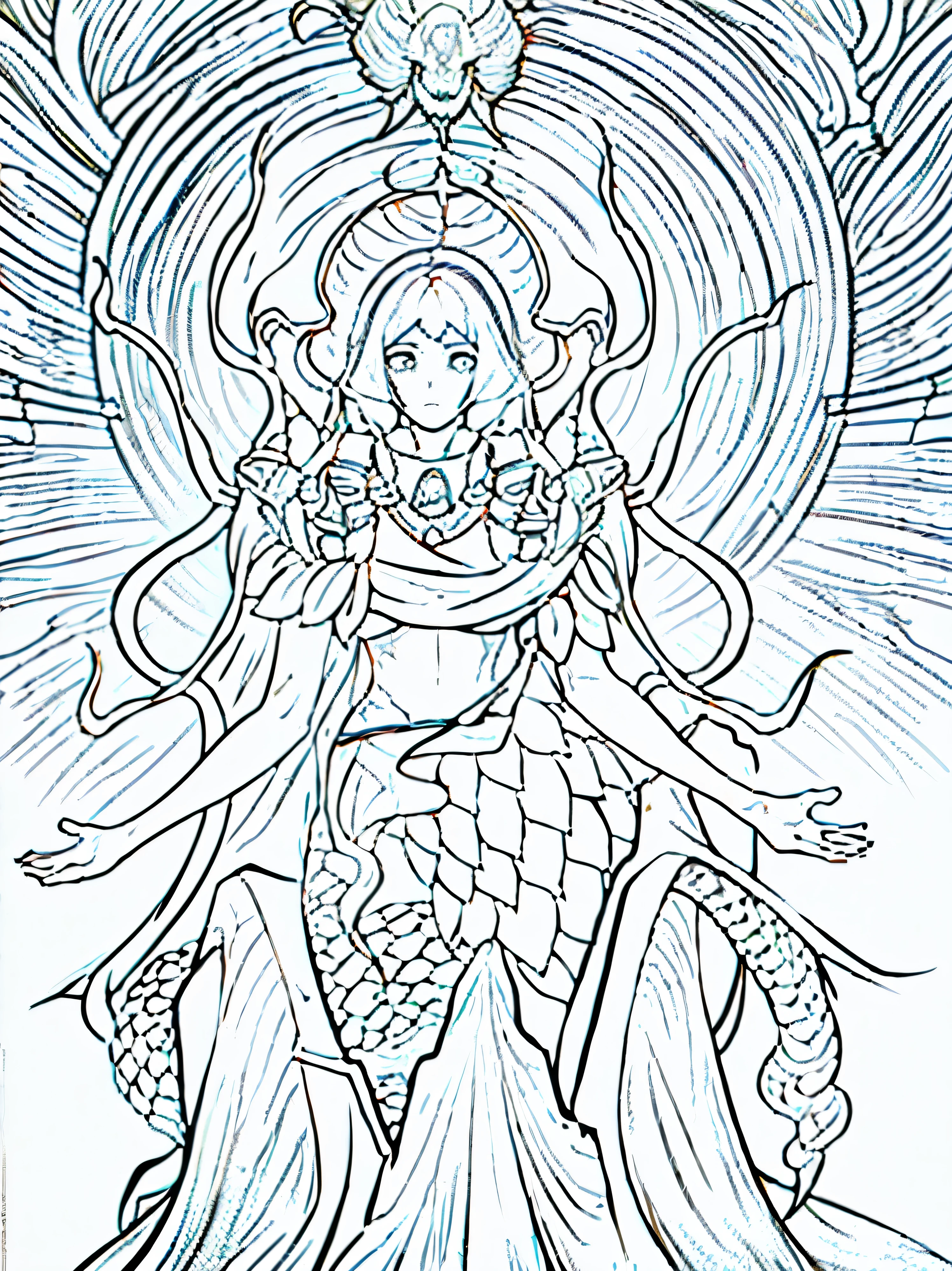 In one painting there is a figure like a dragon.、Woman holding a sword, Albedo from Overlord, Albedo from the anime Overlord, Inspired by Tawaraya Sotatsu, Jellyfish Priestess, Strong line art, clean line drawing, Simple line drawing, Thick lines, Very detailed ink line drawing, Six-armed Dark Goddess