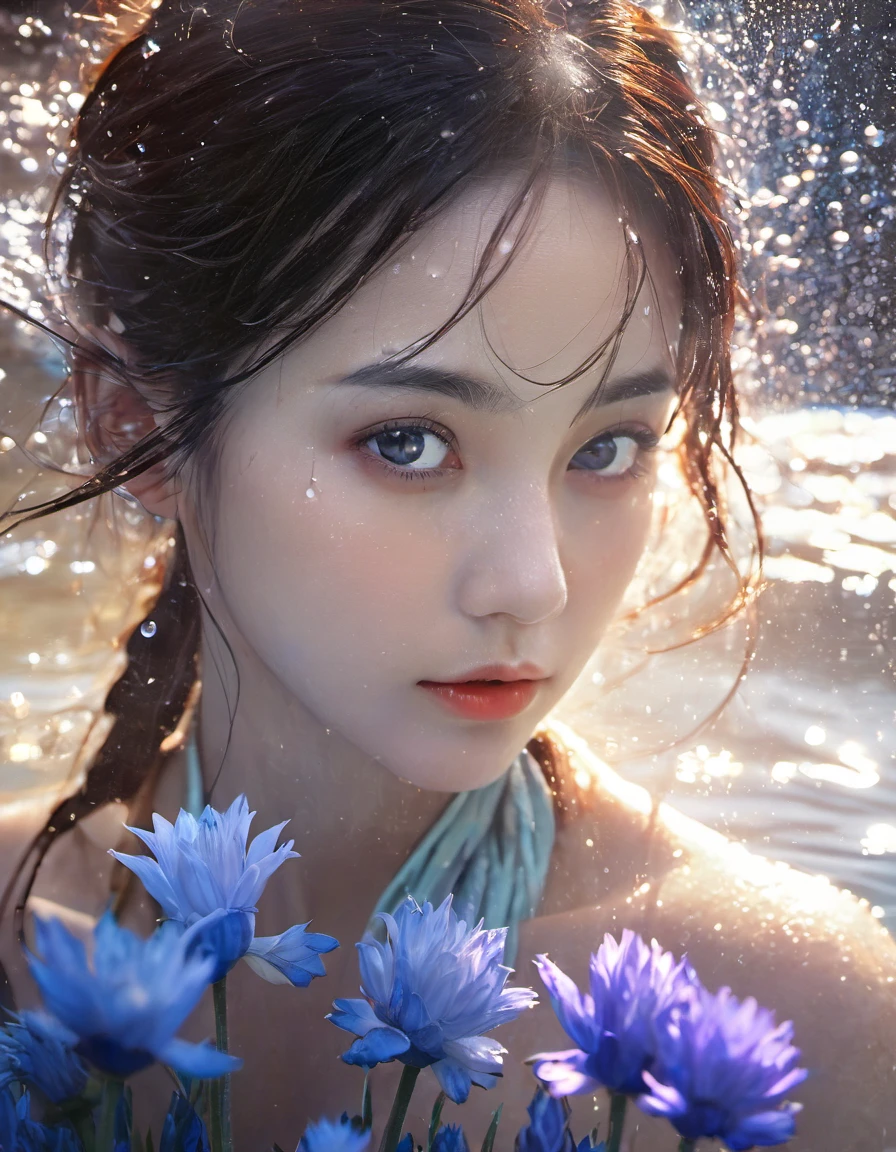 art by Cornflower, dreamy, (a girl who was and had beautiful detailed eyes. The depth of field in the photo was perfect, and the lens flare added a nice touch. The finely detailed features of her face really stood out, and the score for this photo was definitely greater than 10. In the background, there was a beautiful ocean with crystal clear water and water droplets on the surface. It was a stunning photo that really captured the beauty of the girl and the water.)