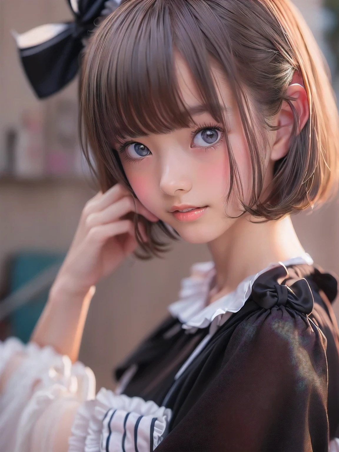 ((sfw:1.4)), ((sfw, extra short hair, sidelocks-hair, 1Girl)), Ultra High Resolution, (Realistic:1.4), RAW Photo, Best Quality, (Photorealistic), Focus, Soft Light, (()), ((Japanese)), (( (young face))), (surface), (depth of field), masterpiece, (realistic), wearing highly detailed (( maid clothes with frills and ribbon)), bangs, ((1 girl)),.(half body image:1.5)
NSFW
