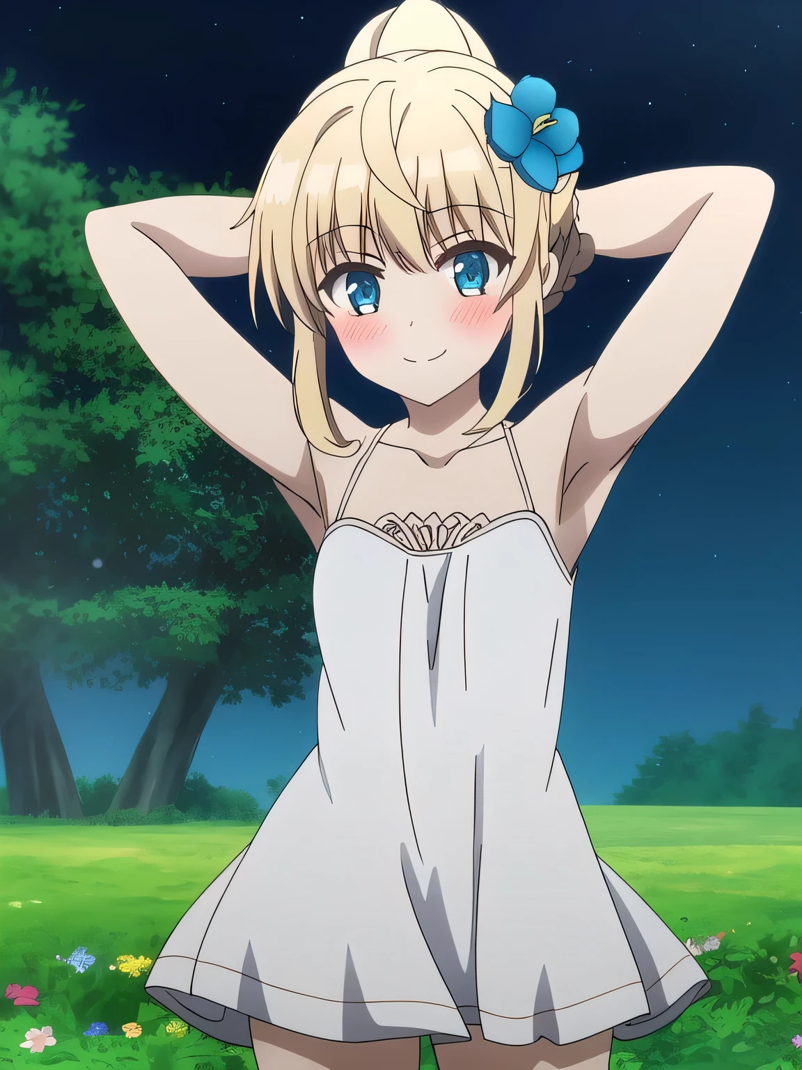 sora, anime art style, 1girl, solo, blush, bangs, blue_eyes, blonde_hair, hair_ornament, dress, bare_shoulders, collarbone, shy, ponytail, braid, flower, blushing, hair_flower, white_dress, blue_flower, solo, night sky, forest, arms behind head, looking at viewer, contrapposto, spread armpits, closed mouth, smile, (cowboy shot:1.5)