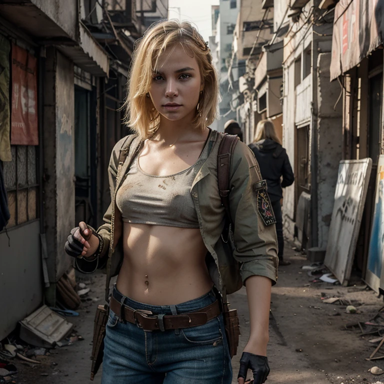 Very beautiful young girl, Stalker, blonde, Short tousled hair, маска 😷 на лице, post apocalypse, cyberpunk, professional photo, realistically, backpack 🎒, rifle, knife in sheath on belt, dirt on the face, worn clothes, style Mad Max
