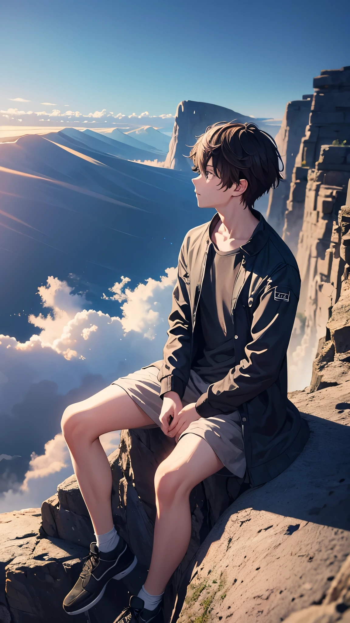 ridiculous resolution, high resolution, (masterpiece:1.4), super detailed, 1boy, seen from cliff while sitting and facing towards the cliff, above clouds, --v 6