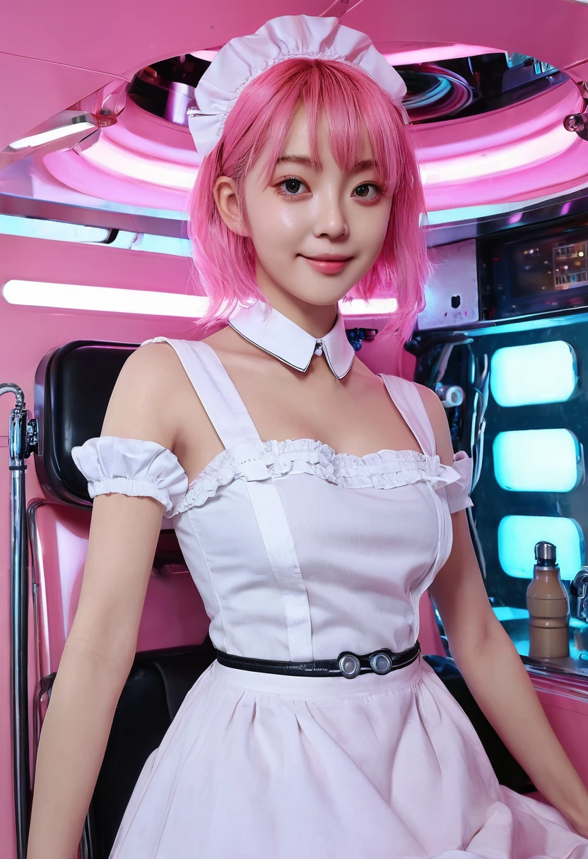 (8K、top-quality、​masterpiece:1.2)、(reallistic、Photorealsitic:1.37)、The ultra-detailliert、superrealism、(1 Maid of Humanoid Girl)、(((((Maids)))))、tre anatomically correct、Looking at the camera、All mecha from the neck down、android、Humanoid、cute little、Straight face、solo、(Redness of the nose)、(A smile:1.15)、beautidful eyes、Big eyes、(long:1.2)、Floating Hair Novafrog Style、Pink hair、Machine body、Body cable、pinafore、(((((Gears on the surface of the body、Body valves on the surface of the body、Transistors on the surface of the main unit、Vacuum tubes on the surface of the body)))))、cyberpunked、Raise your left leg、electrical cables、Reverse、((((retro-futuristic)))、Cyan LED、(((Inside the spacecraft)))、Stylish coffee shop with pink walls、、(((((((((tits))))) 