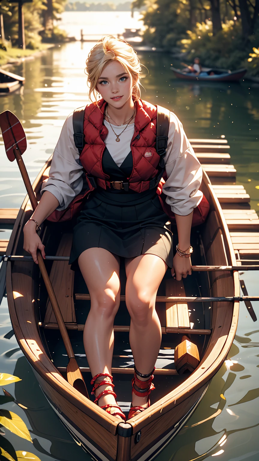 ((最high quality, 8K, masterpiece: 1.3, Ultra HD, high quality, 最high quality, High resolution, realism)) 、A 22-year-old extremely beautiful white woman、Hair color blonde、blue eyeedium Hair、Straight Hair、smile、Slender but well-proportioned body、Background blur((depth of field))、Aerial perspective((atmospheric perspective))、I want my head to stay off screen、Put an anklet on your ankle、Wearing red nail polish、I have a peticure、Lake in the forest、Canoe ride、Put on a life jacket、Holding an oar and paddling through the water