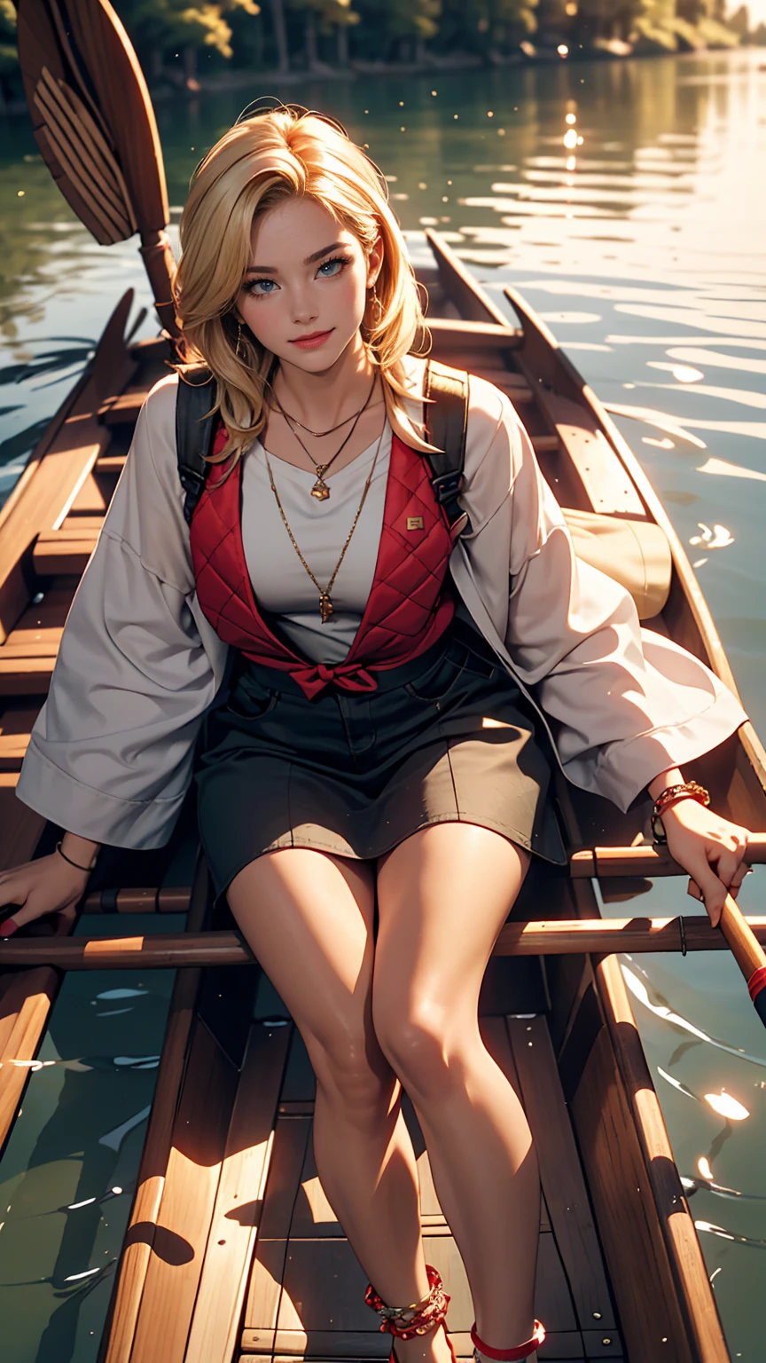 ((最high quality, 8K, masterpiece: 1.3, Ultra HD, high quality, 最high quality, High resolution, realism)) 、A 22-year-old extremely beautiful white woman、Hair color blonde、blue eyeedium Hair、Straight Hair、smile、Slender but well-proportioned body、Background blur((depth of field))、Aerial perspective((atmospheric perspective))、I want my head to stay off screen、Put an anklet on your ankle、Wearing red nail polish、I have a peticure、Lake in the forest、Canoe ride、Put on a life jacket、Holding an oar and paddling through the water