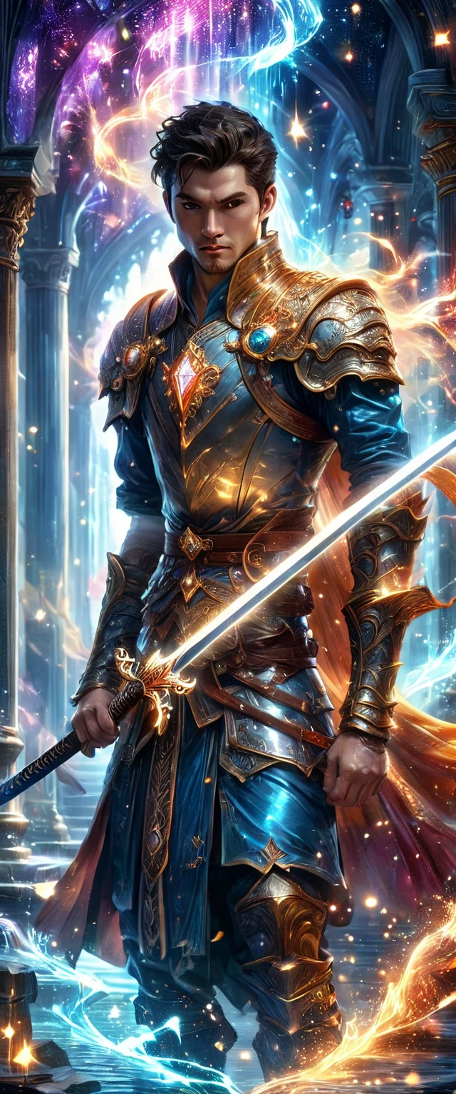 Masterpiece, high quality, delicate, Detailed body, Intricately detailed, ILLUSTRATION,(( A young man, Sworn with his typical clothing:1.7 a sword;1.7)), concept art, 4k, Fantasy, overgrown, Beautiful --niji 5, (masterpiece),(Best quality:1.0), (Ultra high resolution:1.0), detailed painting, intricate, (( magical, Beautiful:1.4 )), (( Best quality, vibrant, 32K ,light and well-defined shadows)). without text:1.3.